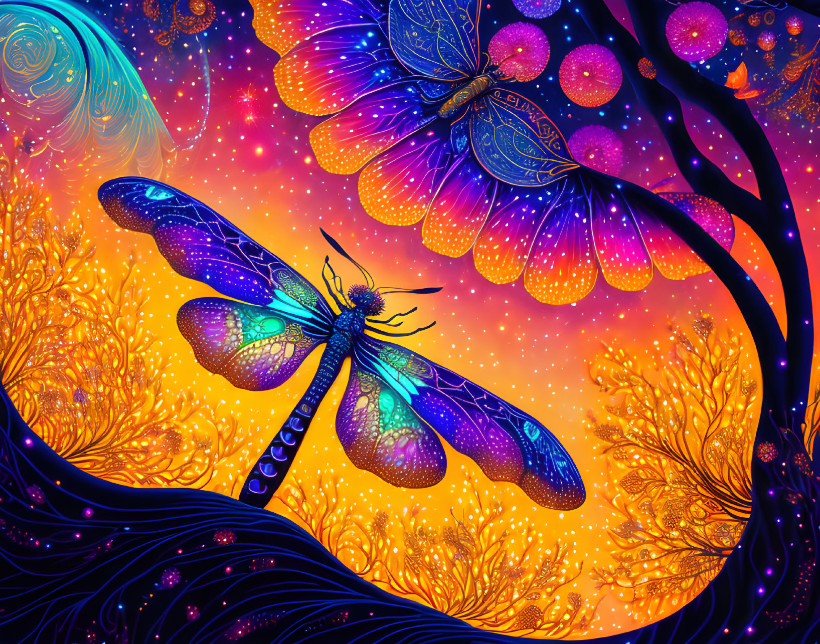 Colorful digital artwork: Stylized dragonfly in vibrant setting