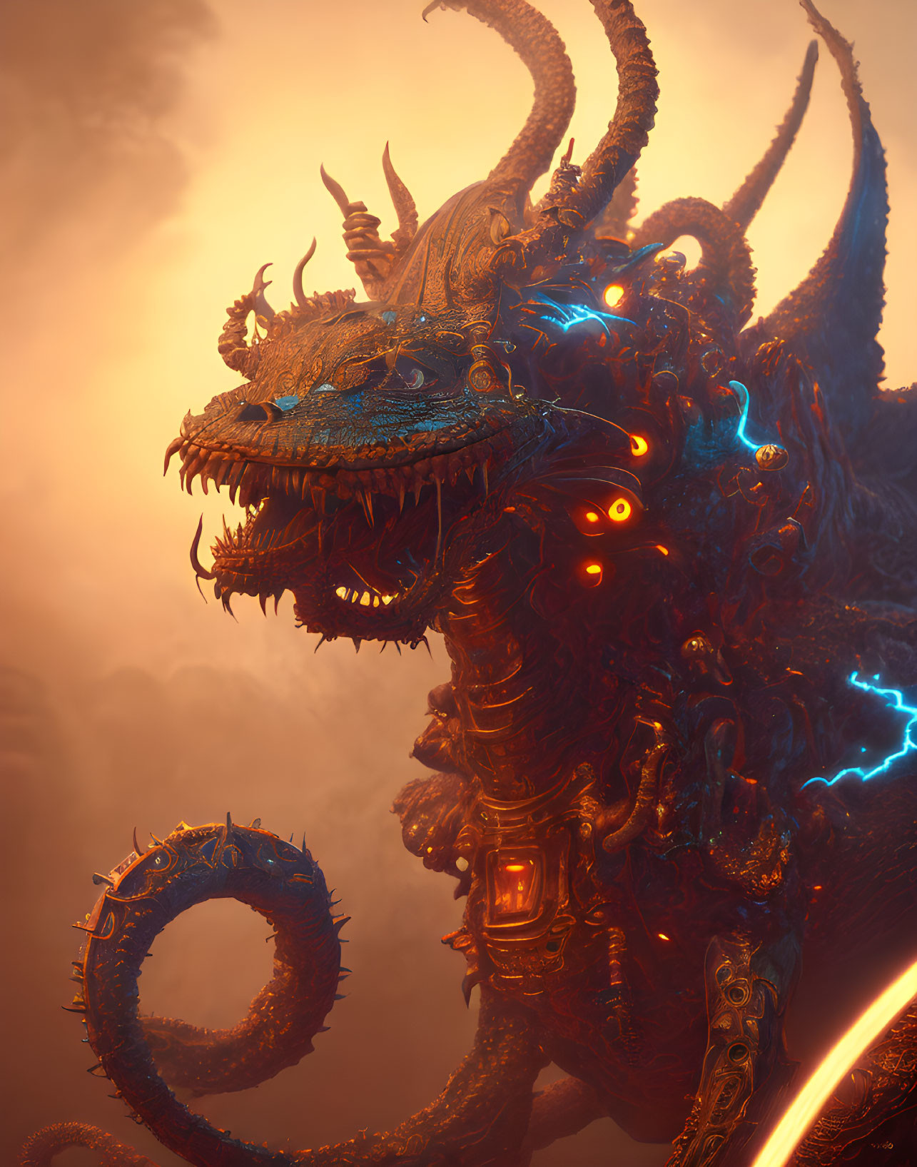 Serpentine dragon with glowing blue eyes and electrified accents in misty amber atmosphere