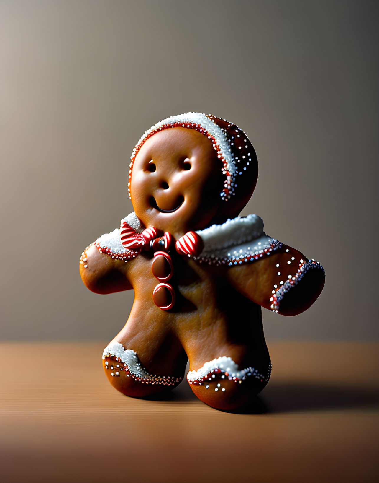 Smiling gingerbread man with white icing details and red bow tie