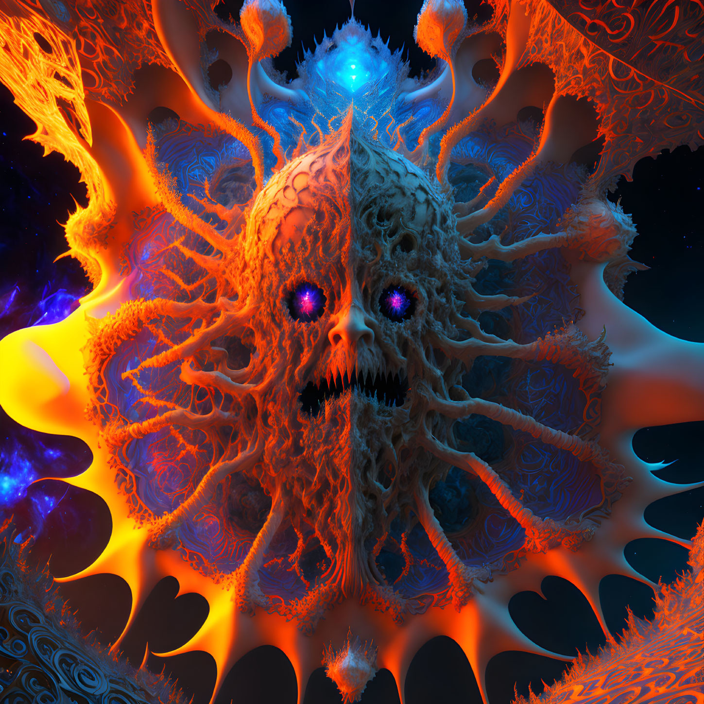 Surreal fractal creature with skull features and glowing eyes