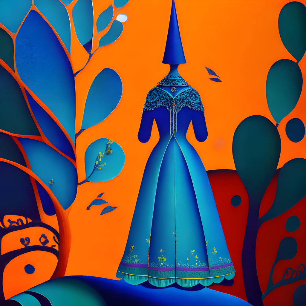 Stylized illustration of person in blue ornate dress with conical hat in whimsical foliage on