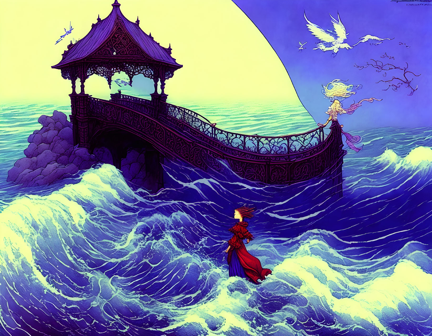 Illustration of woman in red dress on bridge with moon, gazebo, and birds