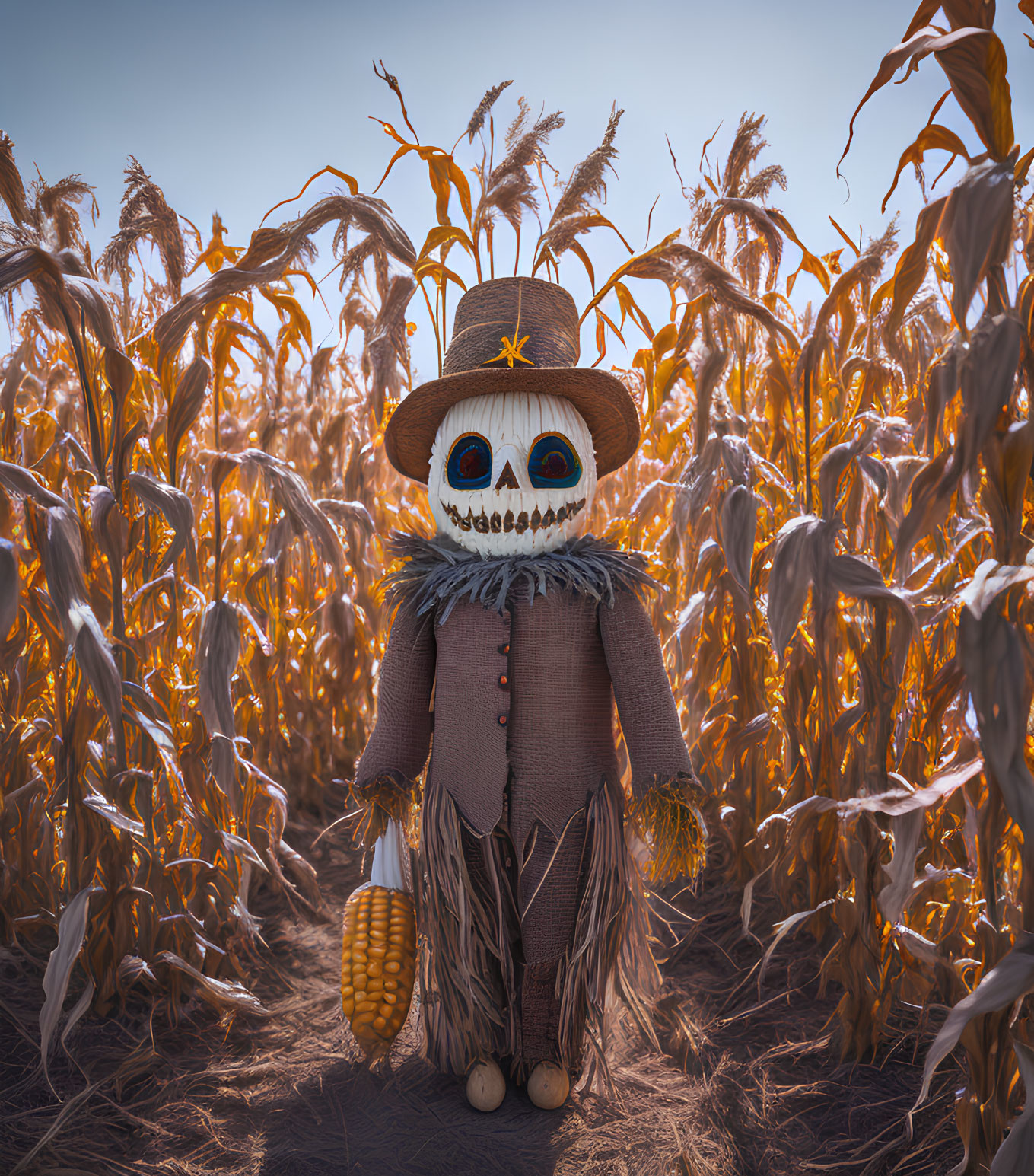 Scarecrow with painted skull face in cornfield with straw hat, under blue sky