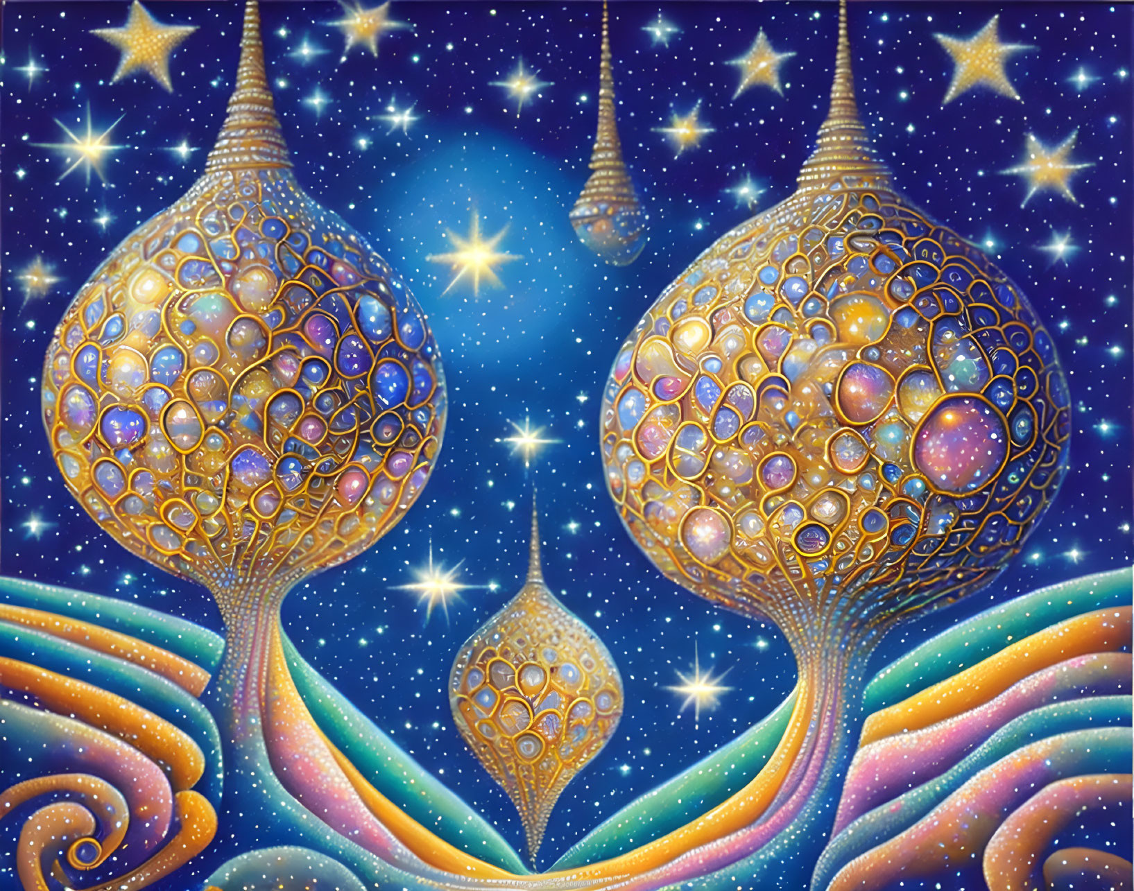 Colorful cosmic illustration: Three ornate tree-like structures against starry night sky