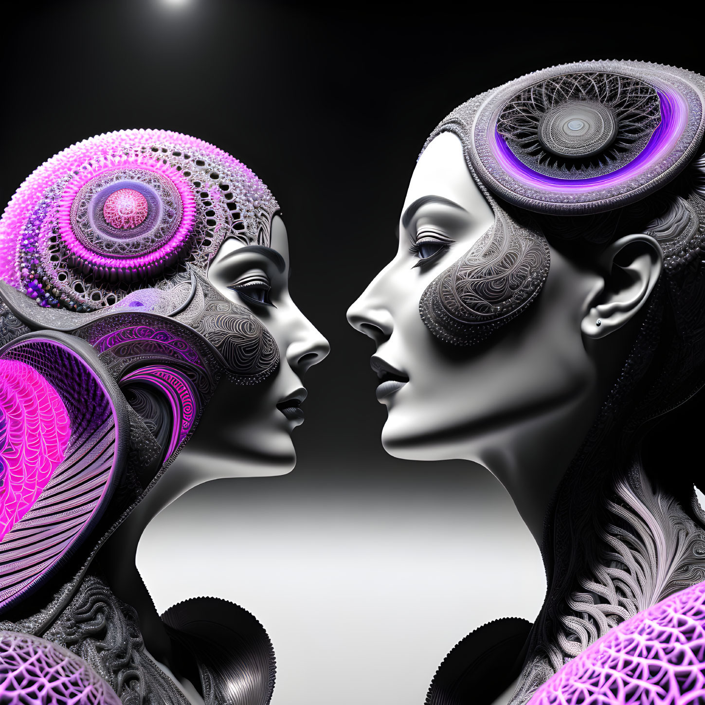 Symmetrical robotic faces in purple and silver profile on black background