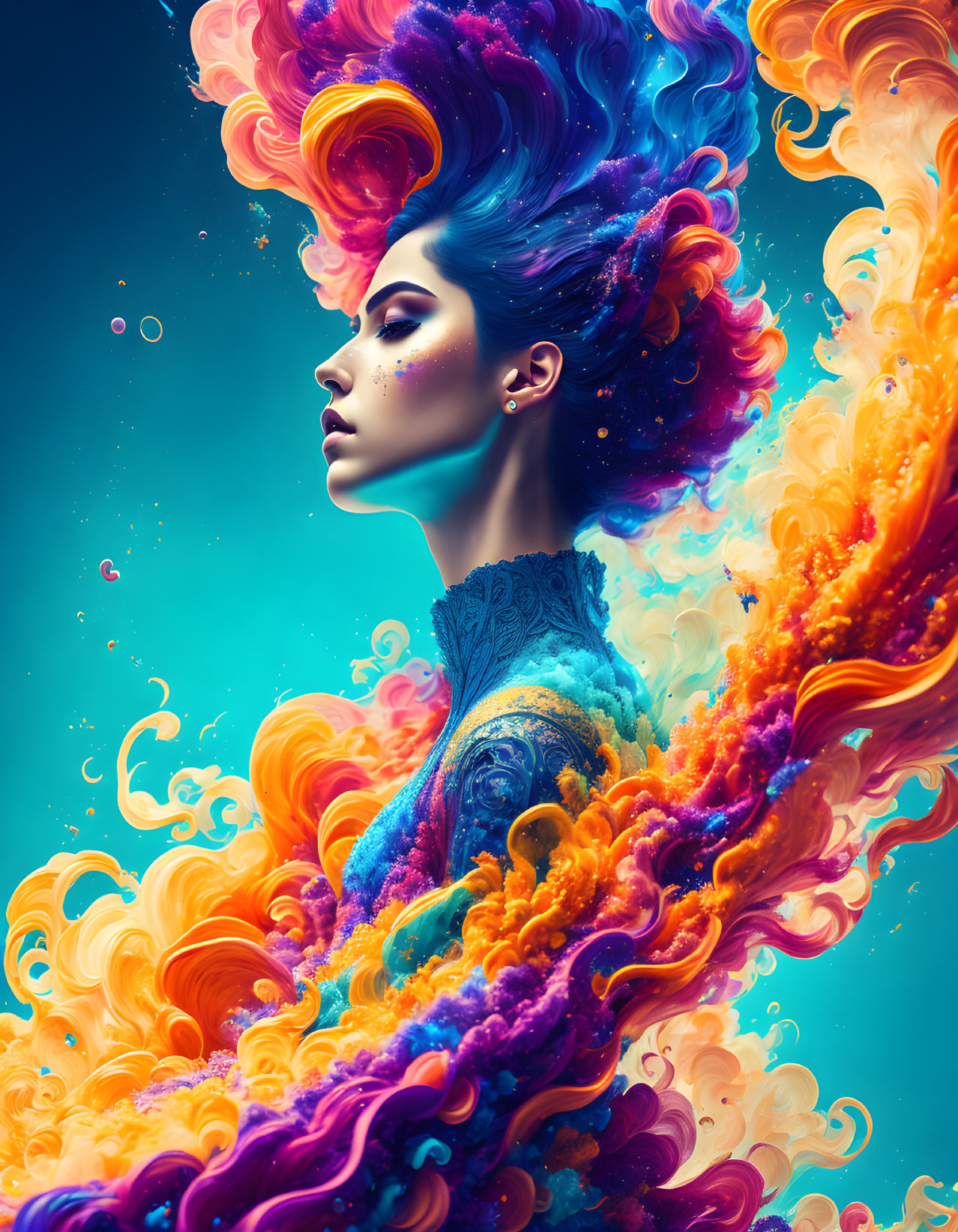 Vibrant surreal portrait of a woman with flowing hair and swirling colors