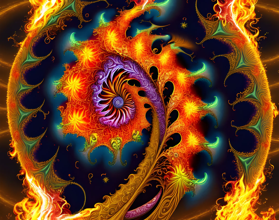 Colorful fractal tree art with fiery hues and peacock feather eye