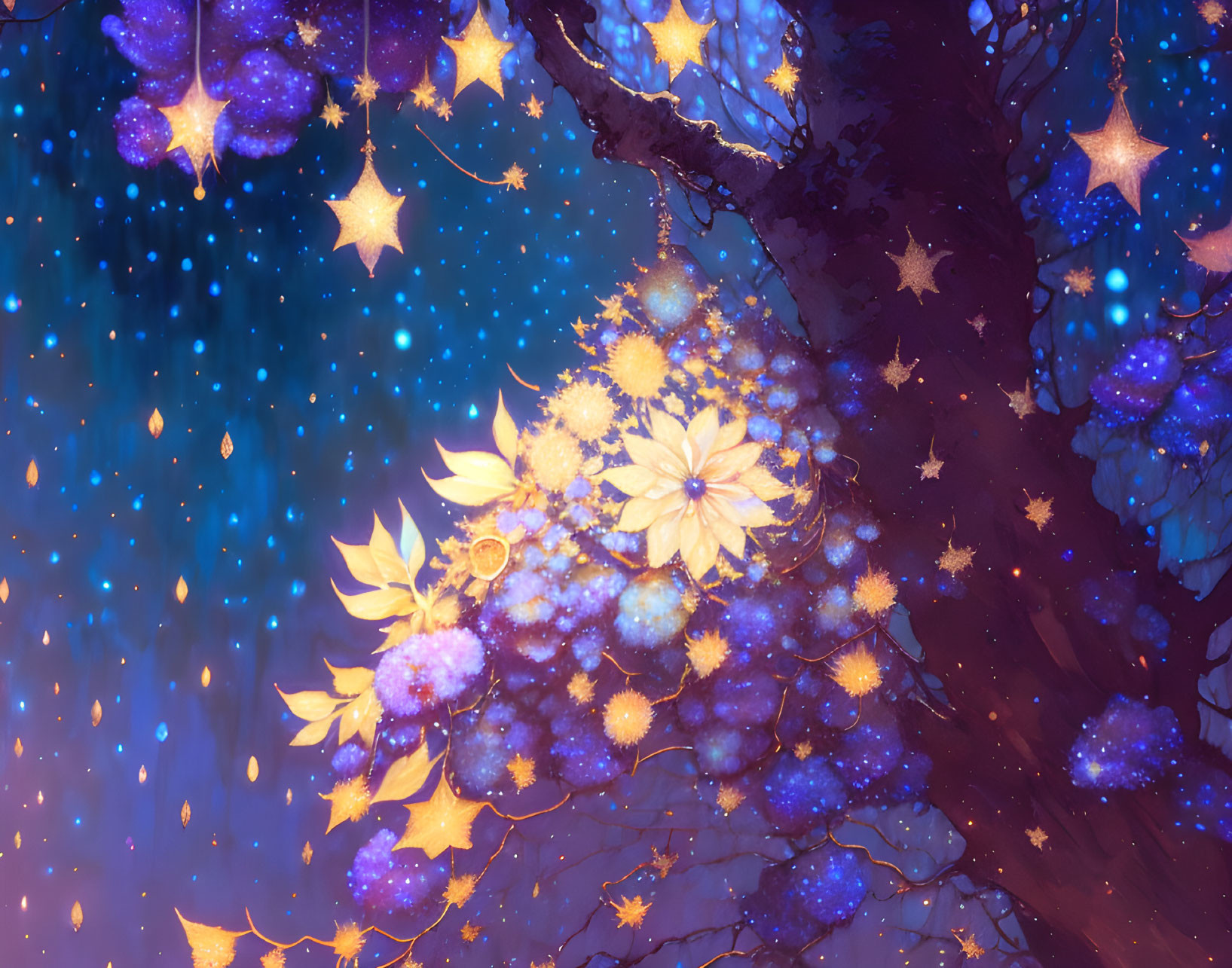 Glowing tree with star-shaped leaves in starry night sky