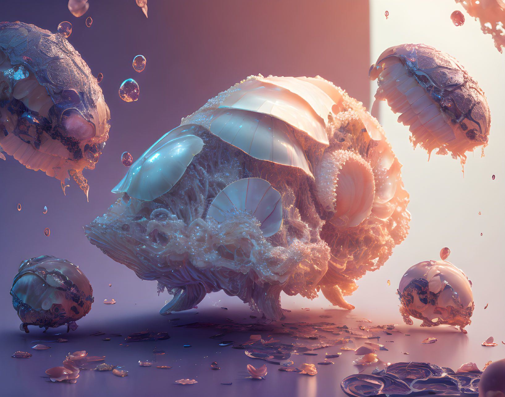 Glass-Like Robotic Turtle Surrounded by Water Droplets on Purple Background