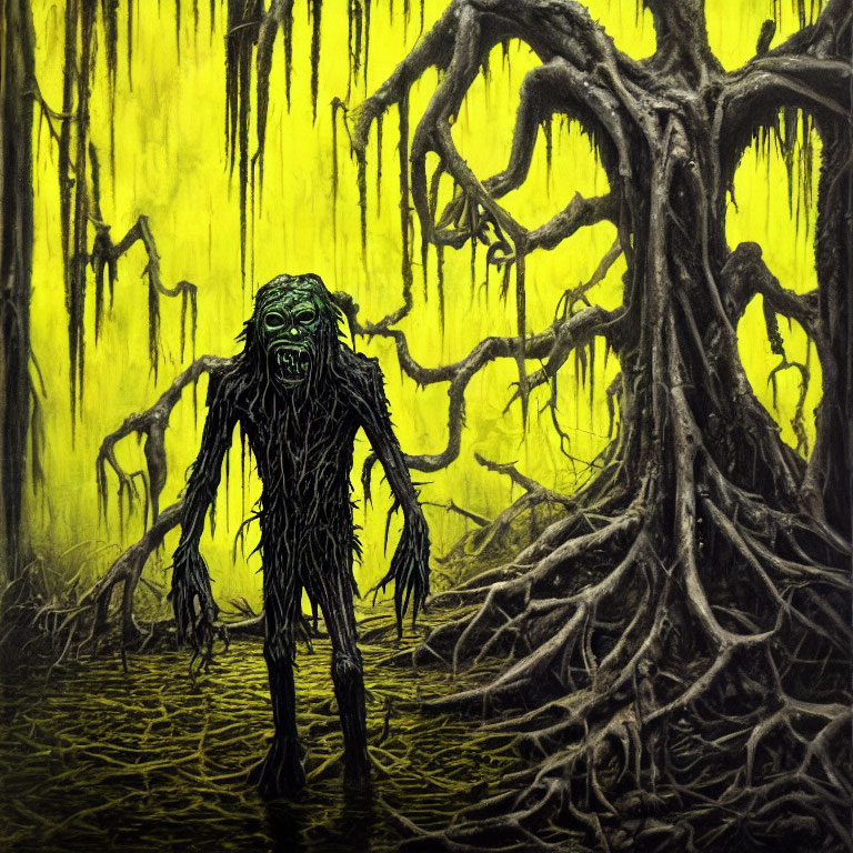 Twisted tree-like humanoid in gloomy swampy forest