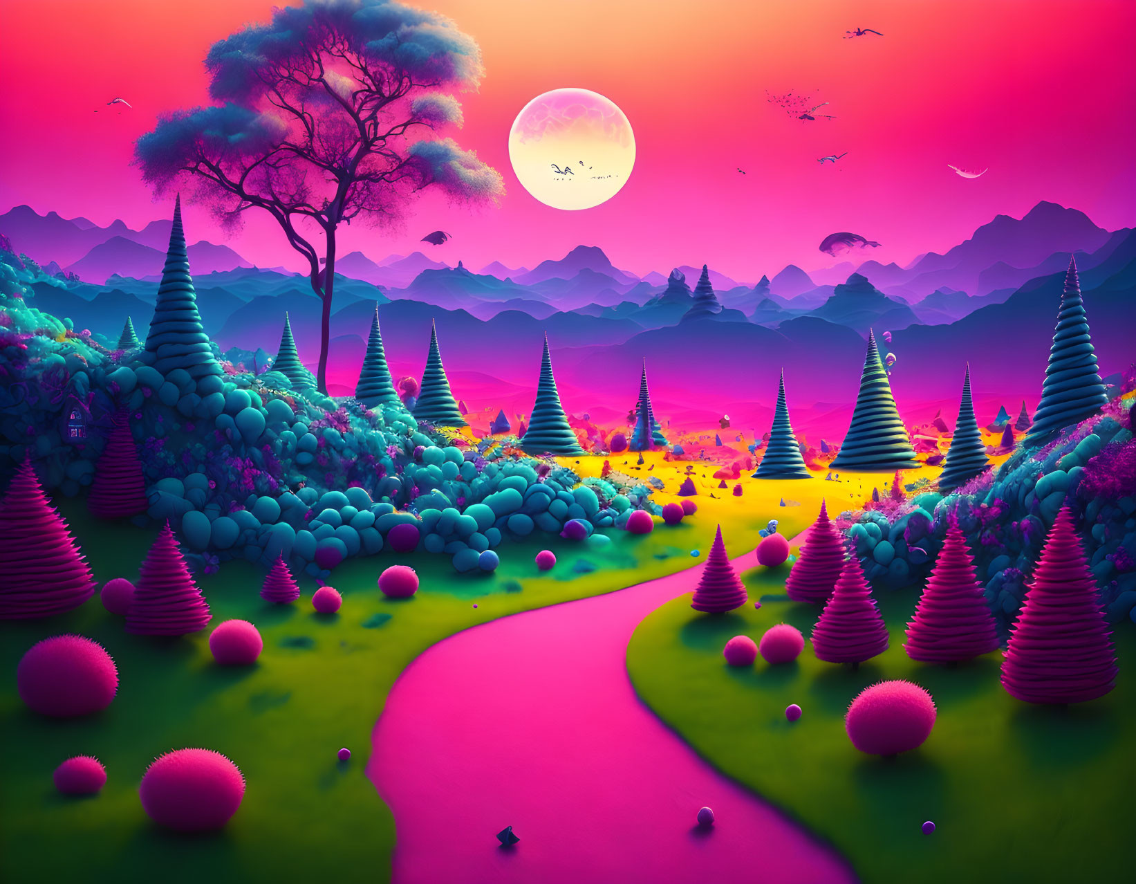 Fantasy landscape with pink and purple hues, conical trees, winding river, large moon, flying