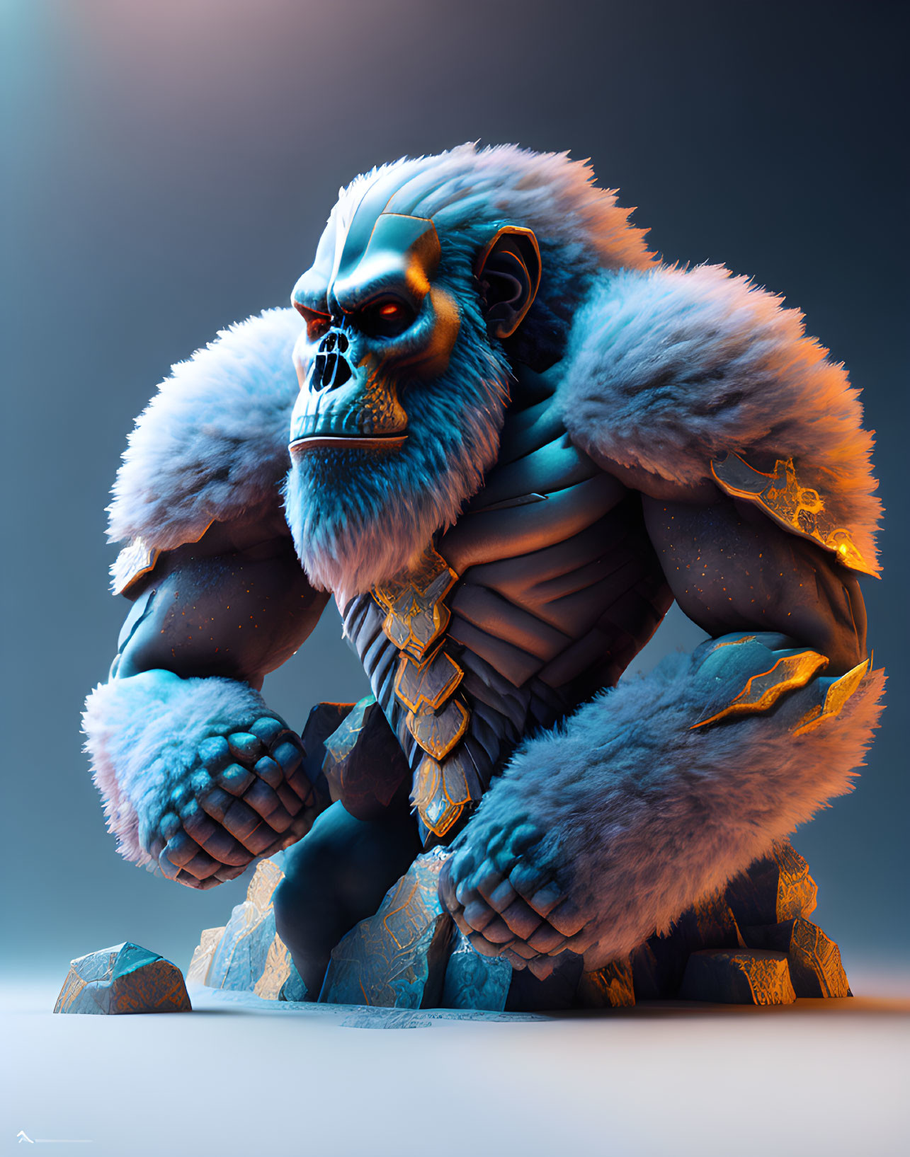 Fantasy blue gorilla with golden armor in mystical setting