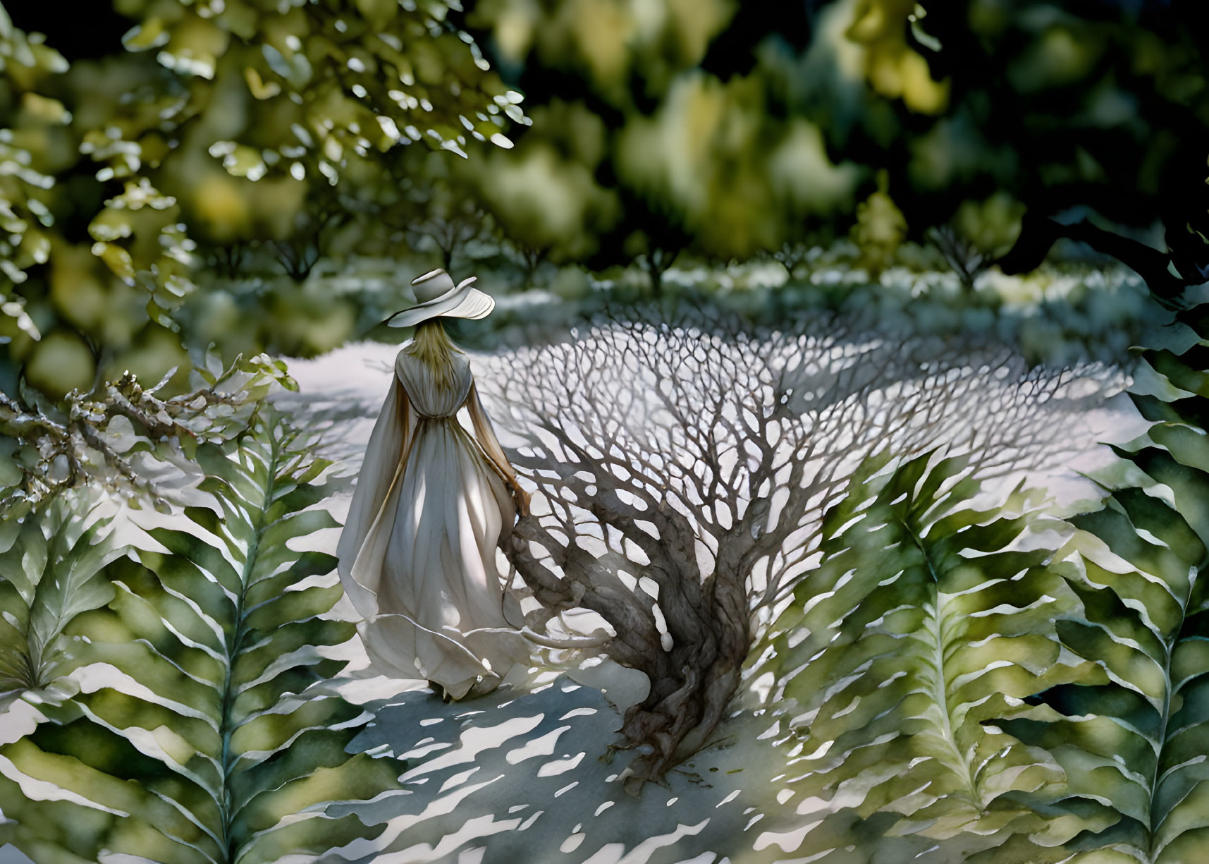 Illustration of person in flowing dress under tree with intricate shadows.