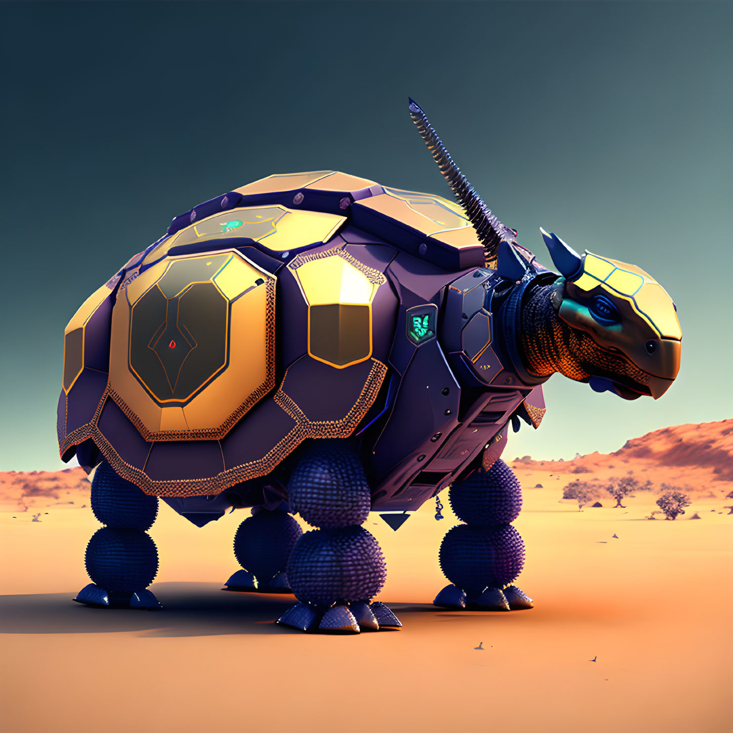 Mechanized tortoise with blue and gold armor in desert landscape
