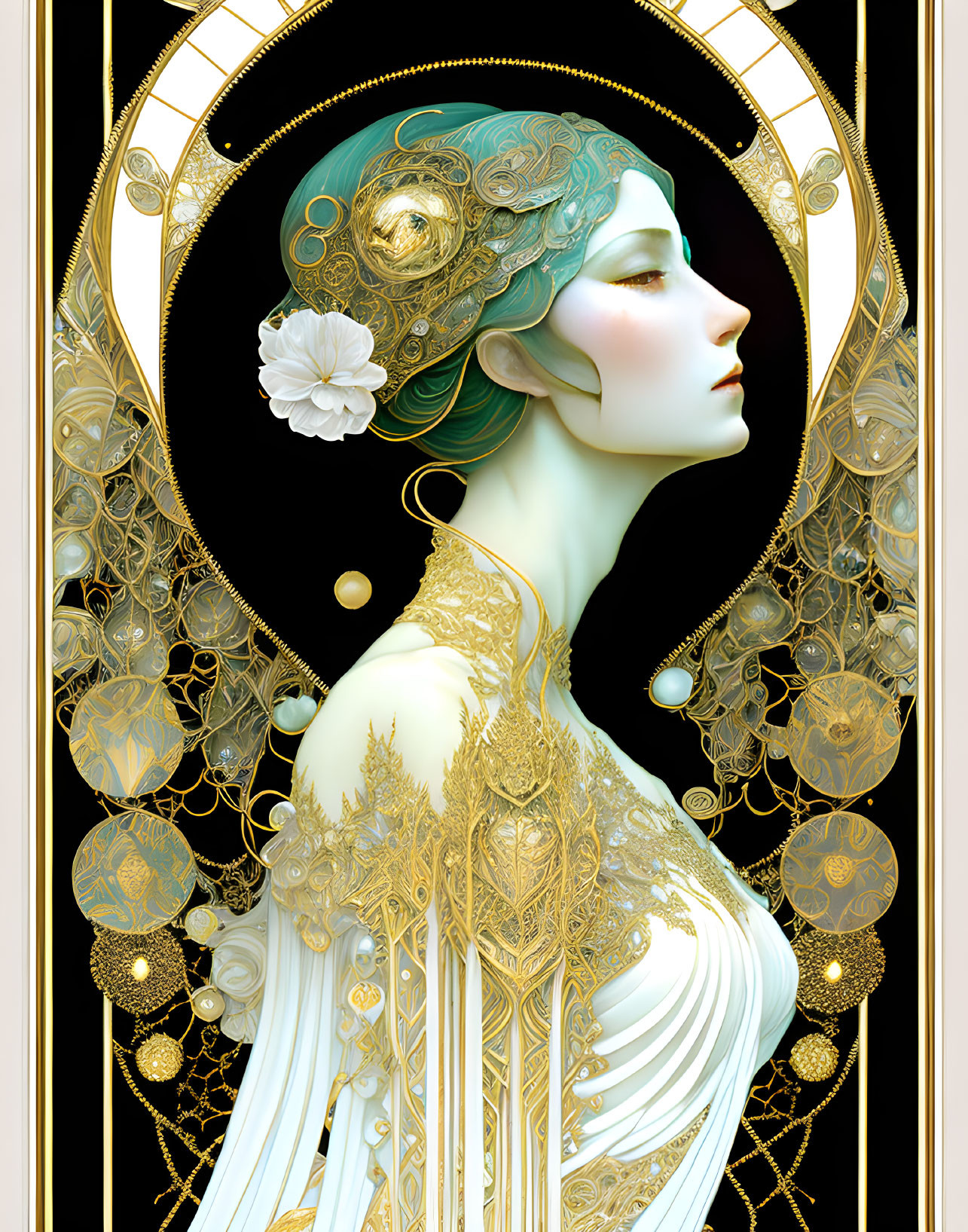 Art Nouveau Woman Illustration with Golden Hair Ornaments