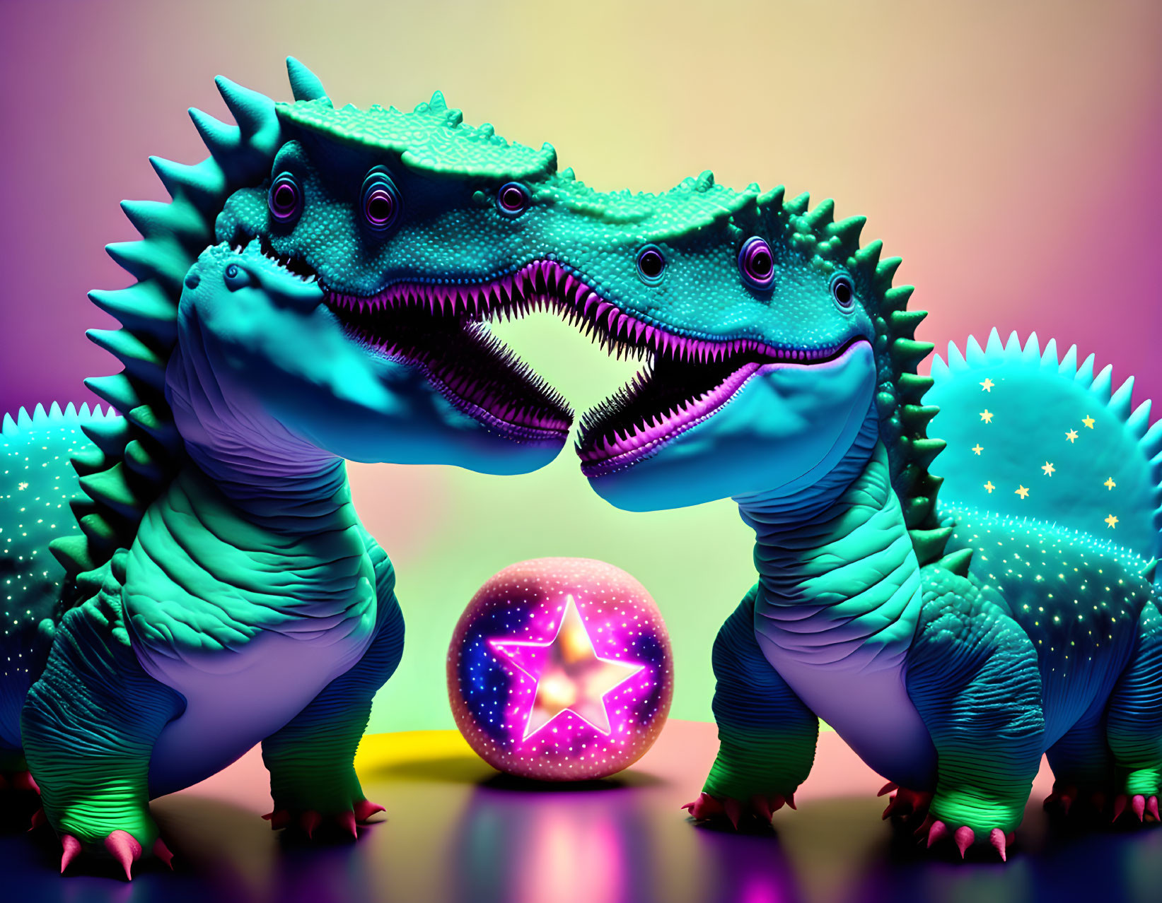 Colorful 3D animated dinosaurs with glowing egg between them