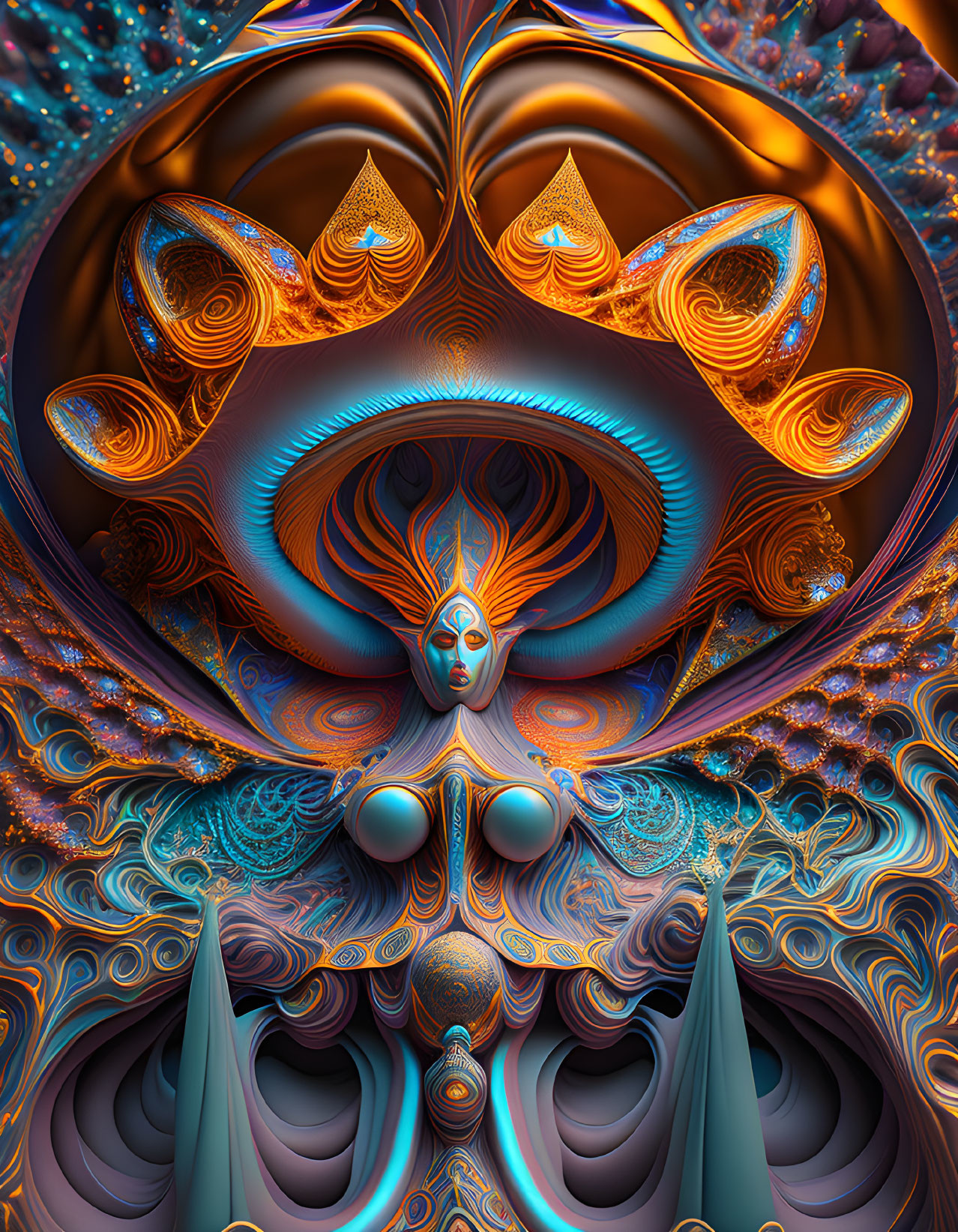 Symmetrical humanoid face in vibrant digital artwork