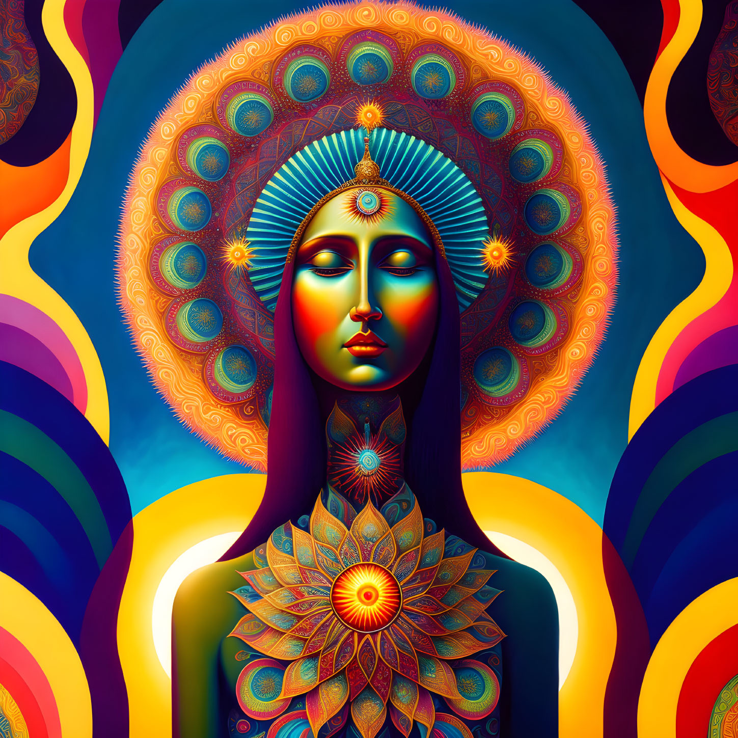 Colorful digital artwork: Serene woman with mandala patterns & vibrant colors