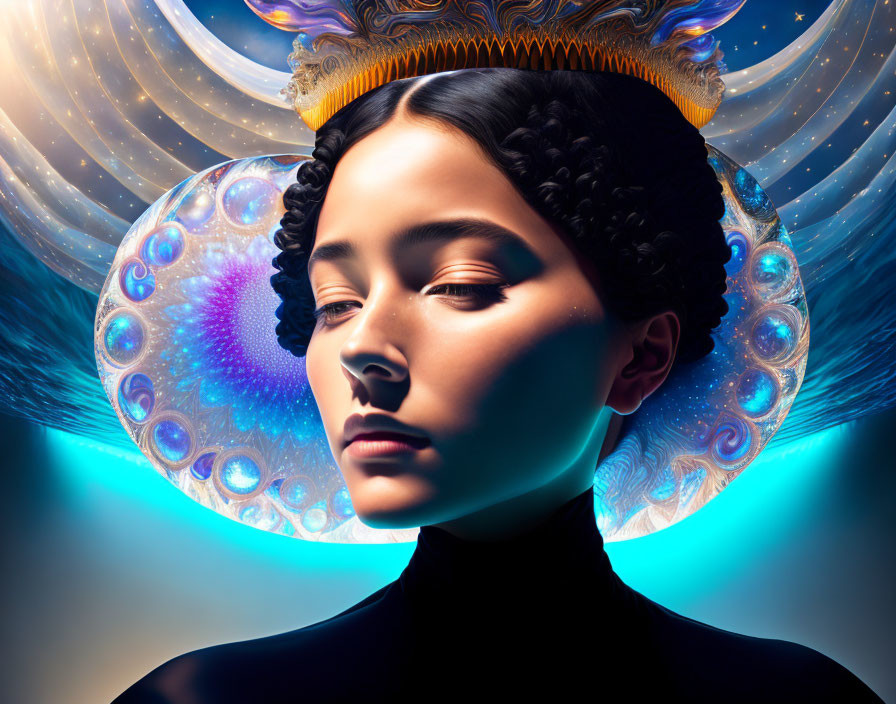 Digital artwork of woman with braided hair and golden crown in cosmic background with glowing, peacock feather