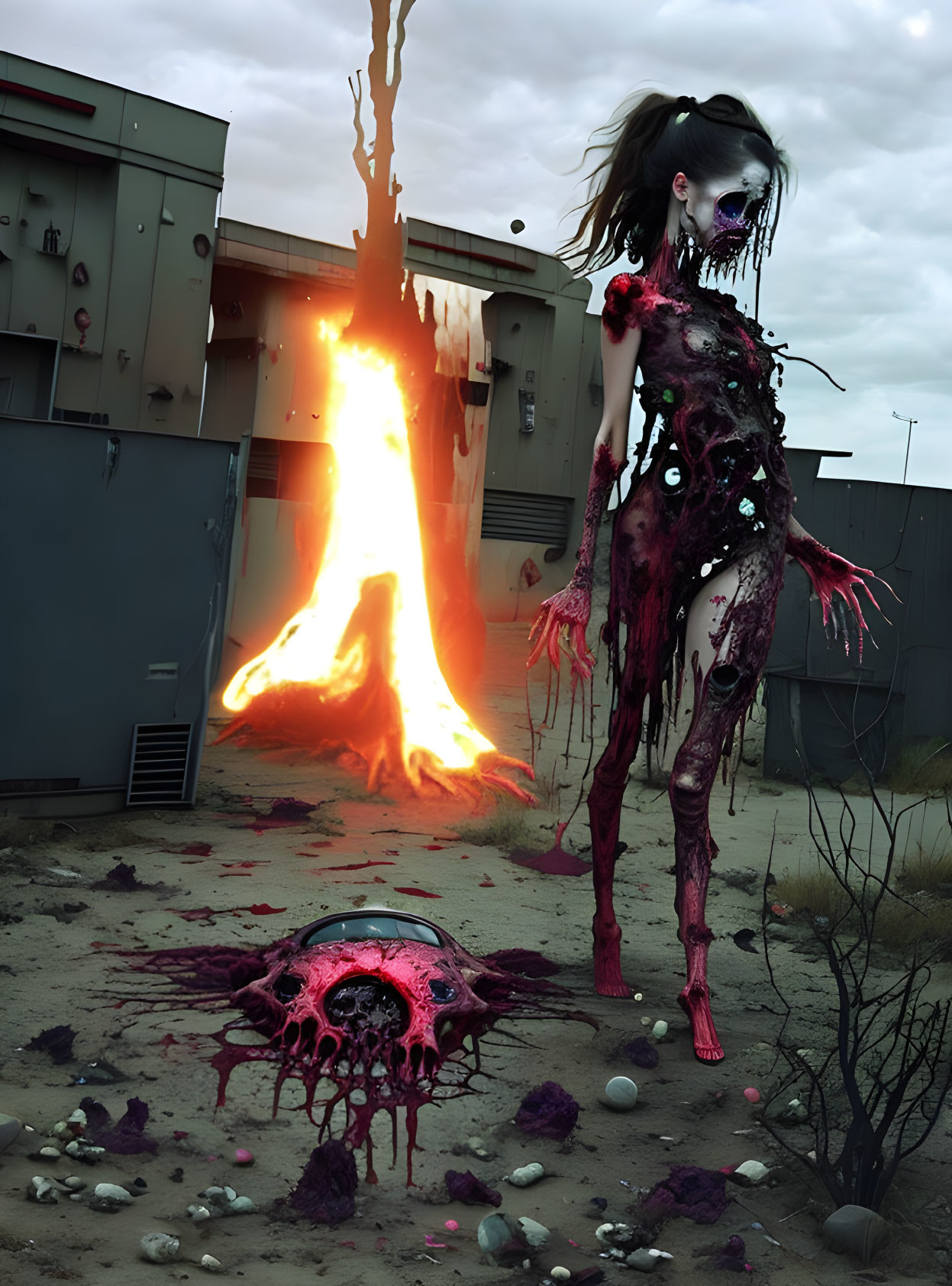 Grotesque zombie-like figure in desolate area with fiery backdrop and splattered gore