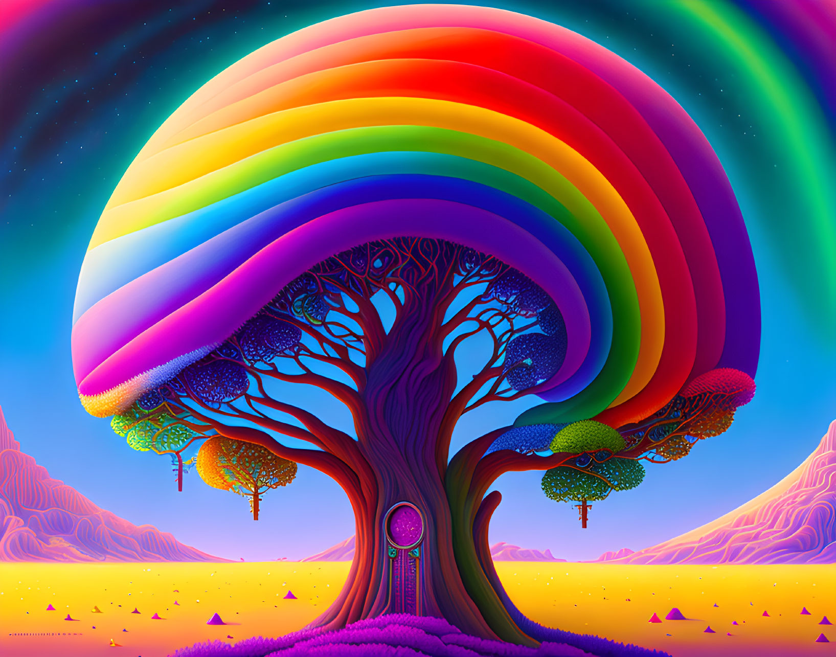 Colorful Psychedelic Illustration: Rainbow Tree in Alien Landscape