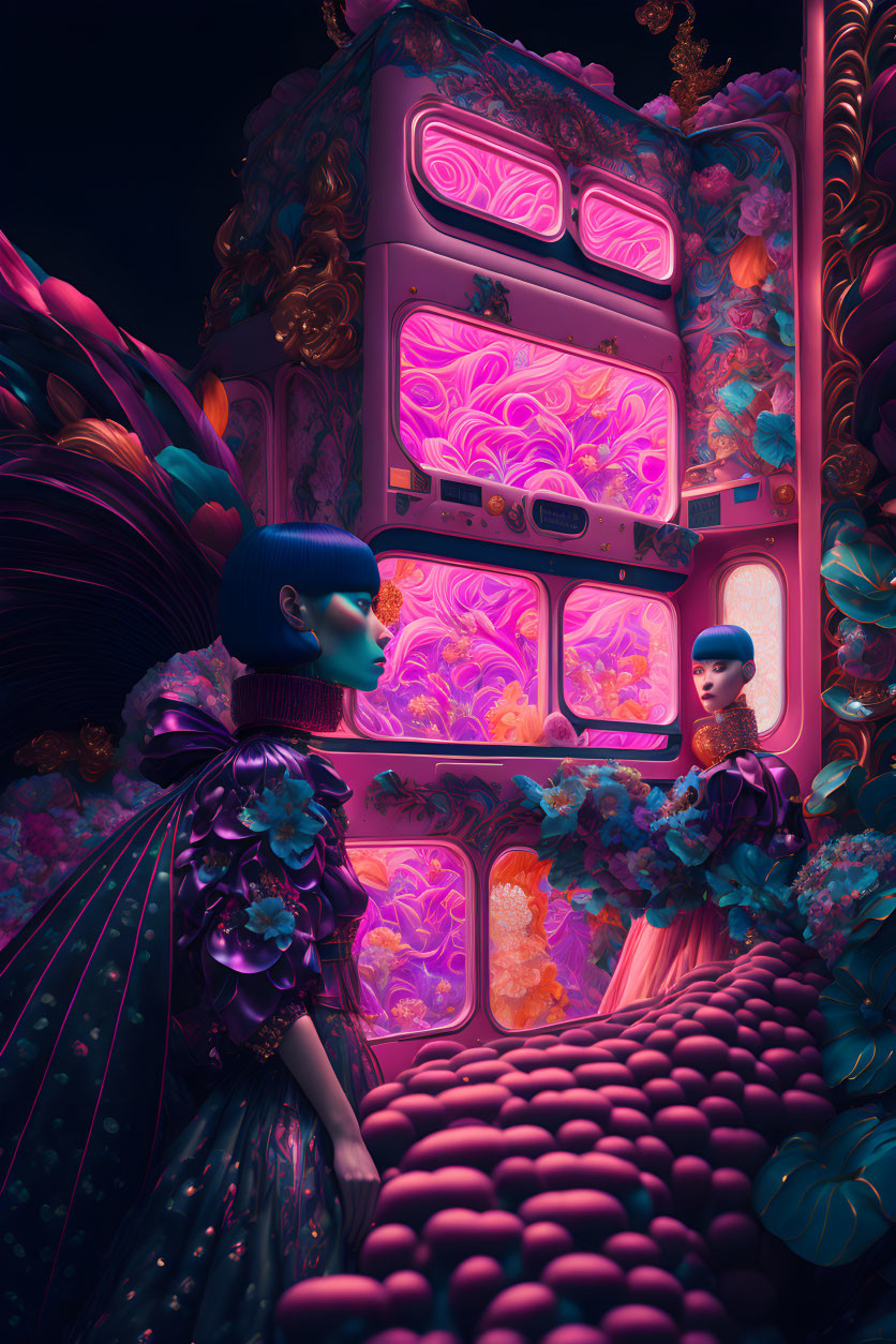 Vibrant surreal artwork: stylized characters in whimsical pink and purple setting