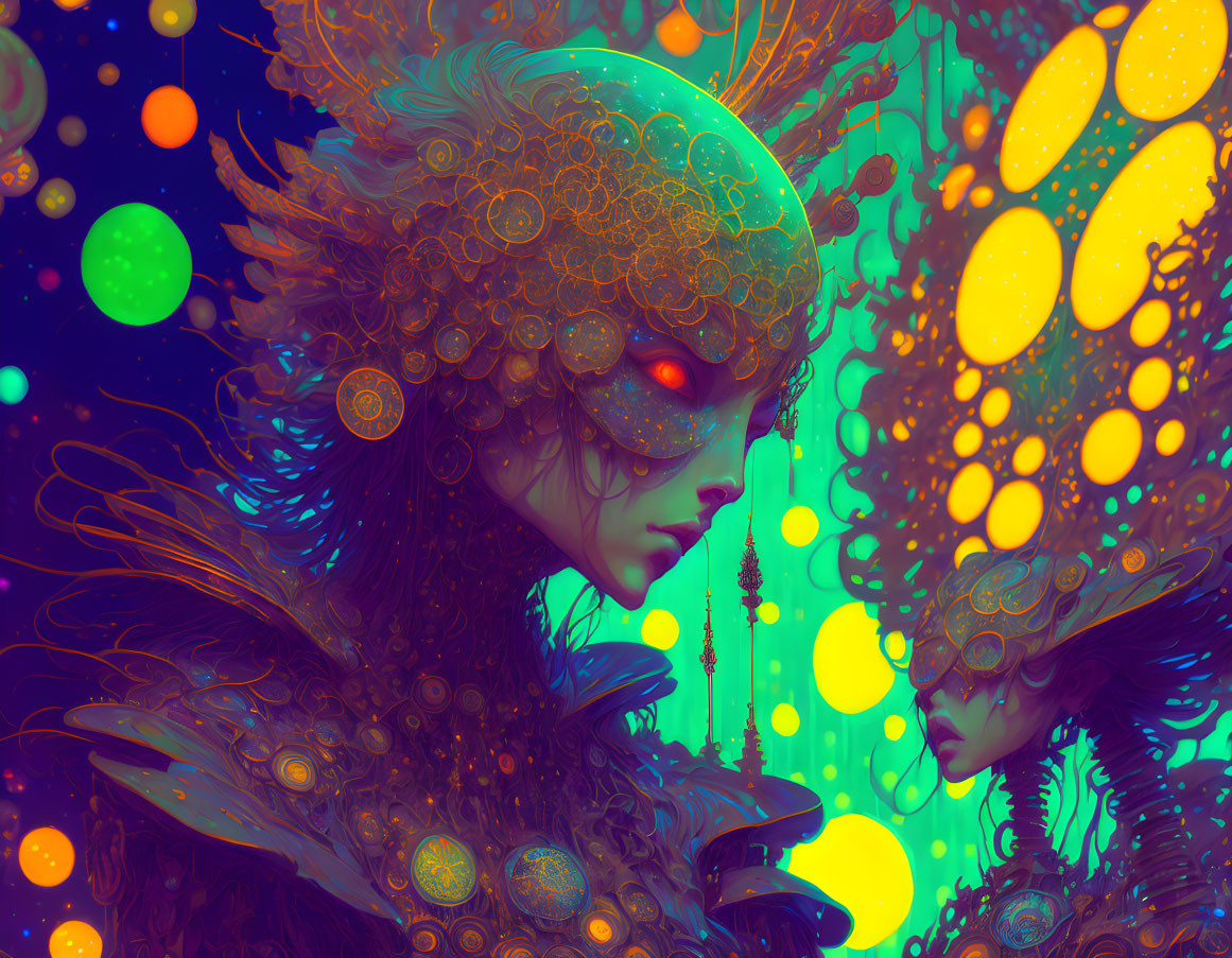 Fantasy beings with ornate helmets and glowing orbs in blue and orange