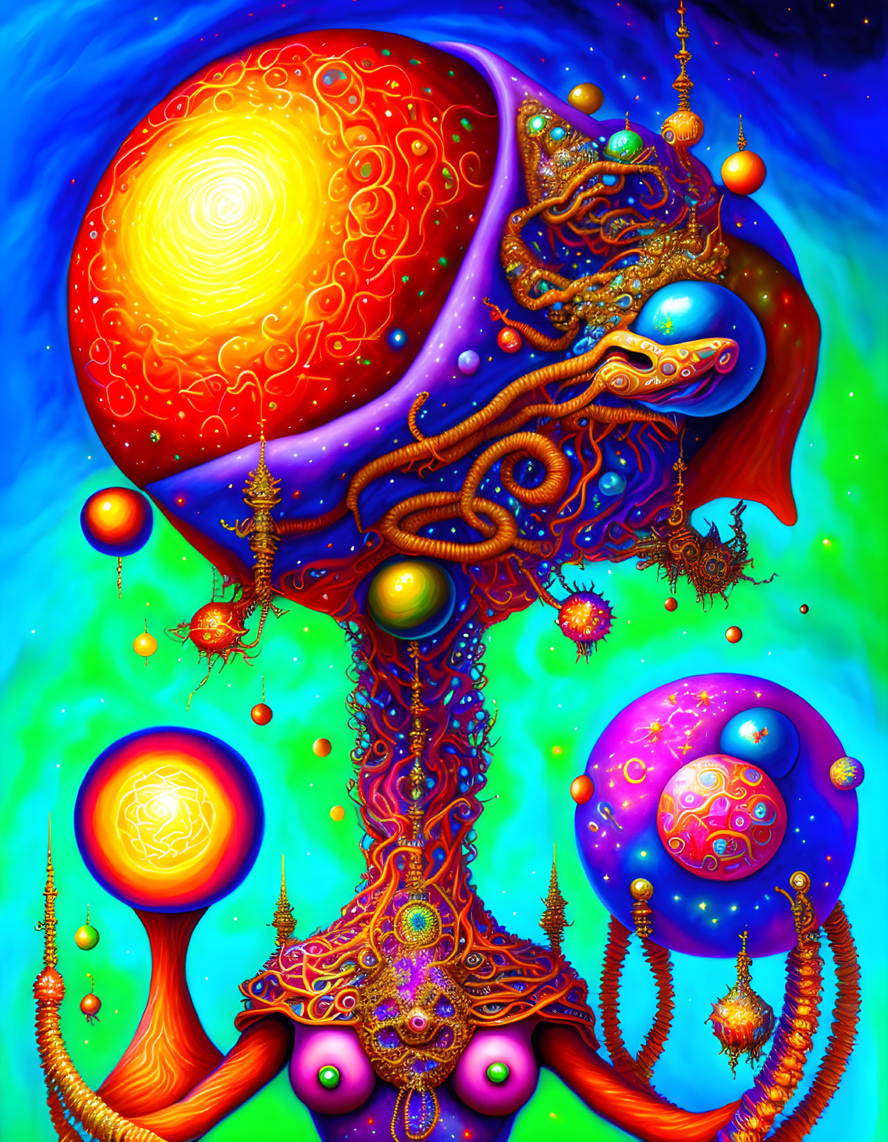 Colorful Psychedelic Artwork: Celestial Bodies and Tree-Like Structures