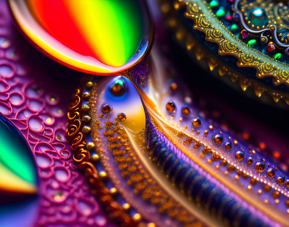 Colorful macro photograph of water droplets showcasing rainbow spectrum and intricate patterns.