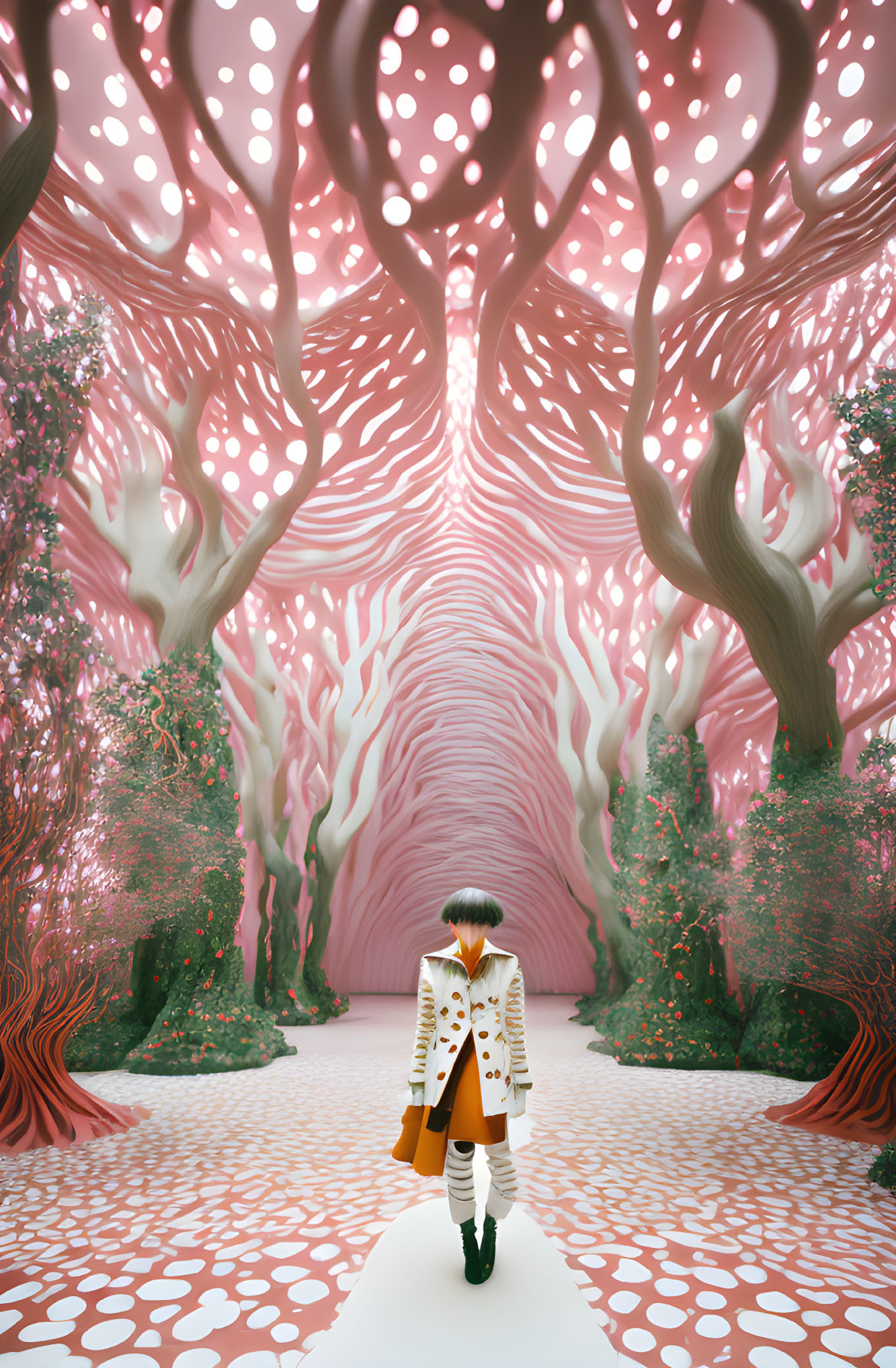 Stylish person in surreal pink forest with whimsical trees