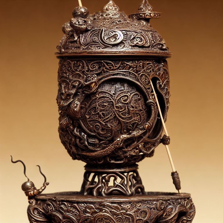 Detailed Antique Metal Incense Burner with Intricate Carvings and Decorative Patterns