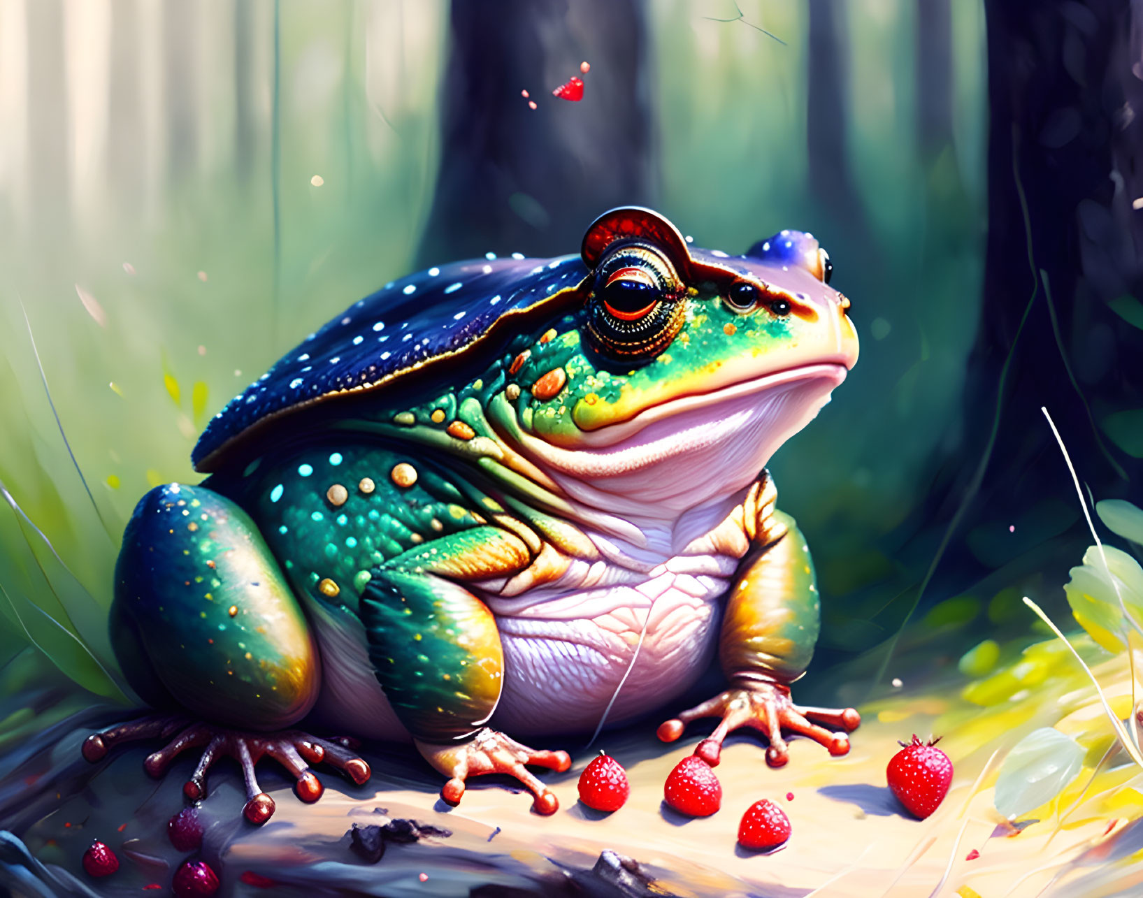 Colorful Frog Among Strawberries in Digital Art