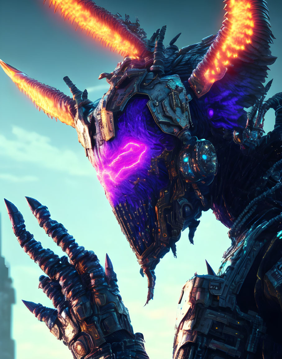 Mechanical dragon with purple energy and fiery spikes on blue sky.