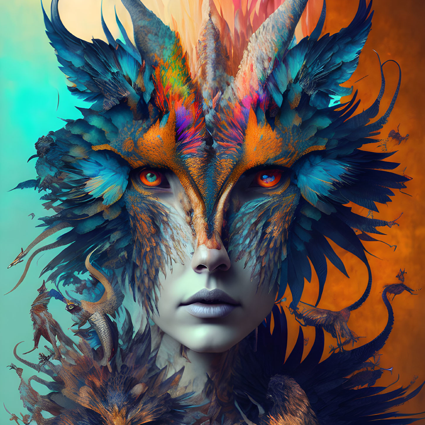 Mythical Creature with Woman's Face and Fiery Eyes in Vibrant Feathers