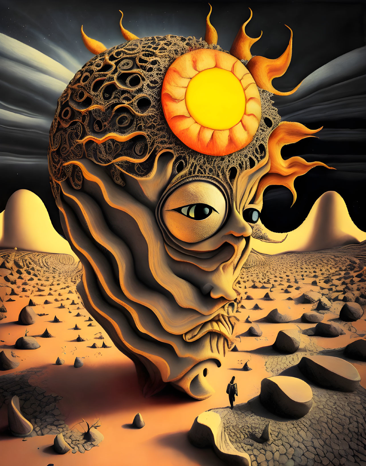 Surreal illustration of colossal head with sun eye in desert landscape