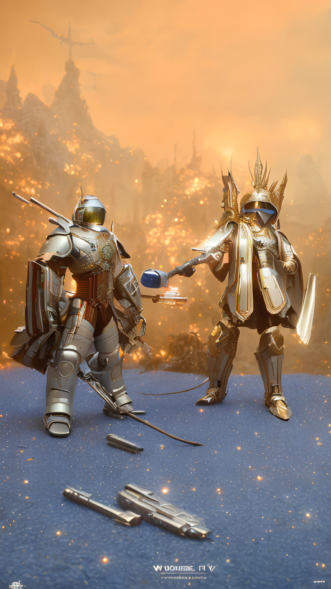 Armored knights with shield and mace in sunset scene