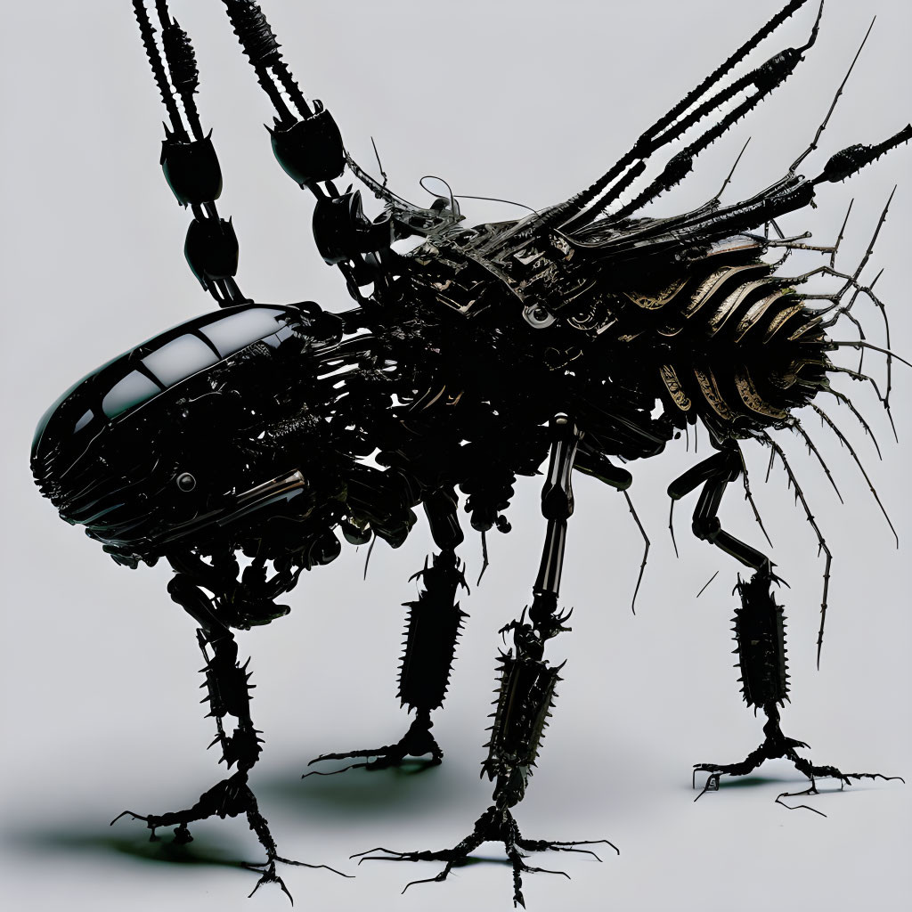 Detailed Mechanical Bee Sculpture with Metal Parts and Wires