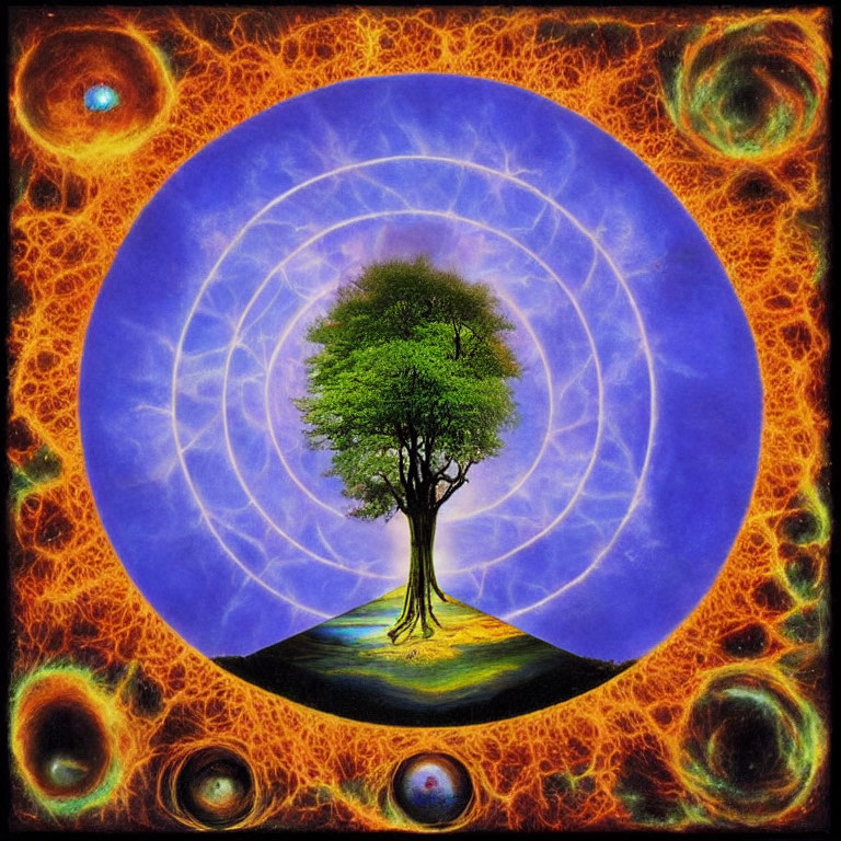 Detailed Illustration: Solitary Tree in Concentric Circles on Cosmic Background