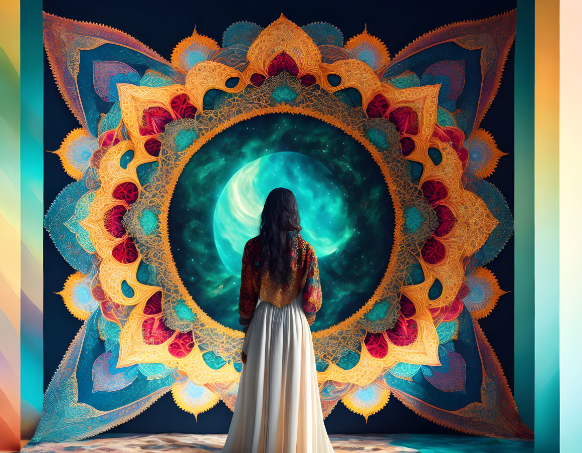 Woman in flowing dress before vibrant mandala portal with glowing moon - starry space backdrop