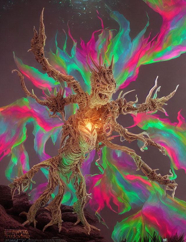 Fantasy tree-like creature with multiple arms and glowing heart in colorful aurora lights