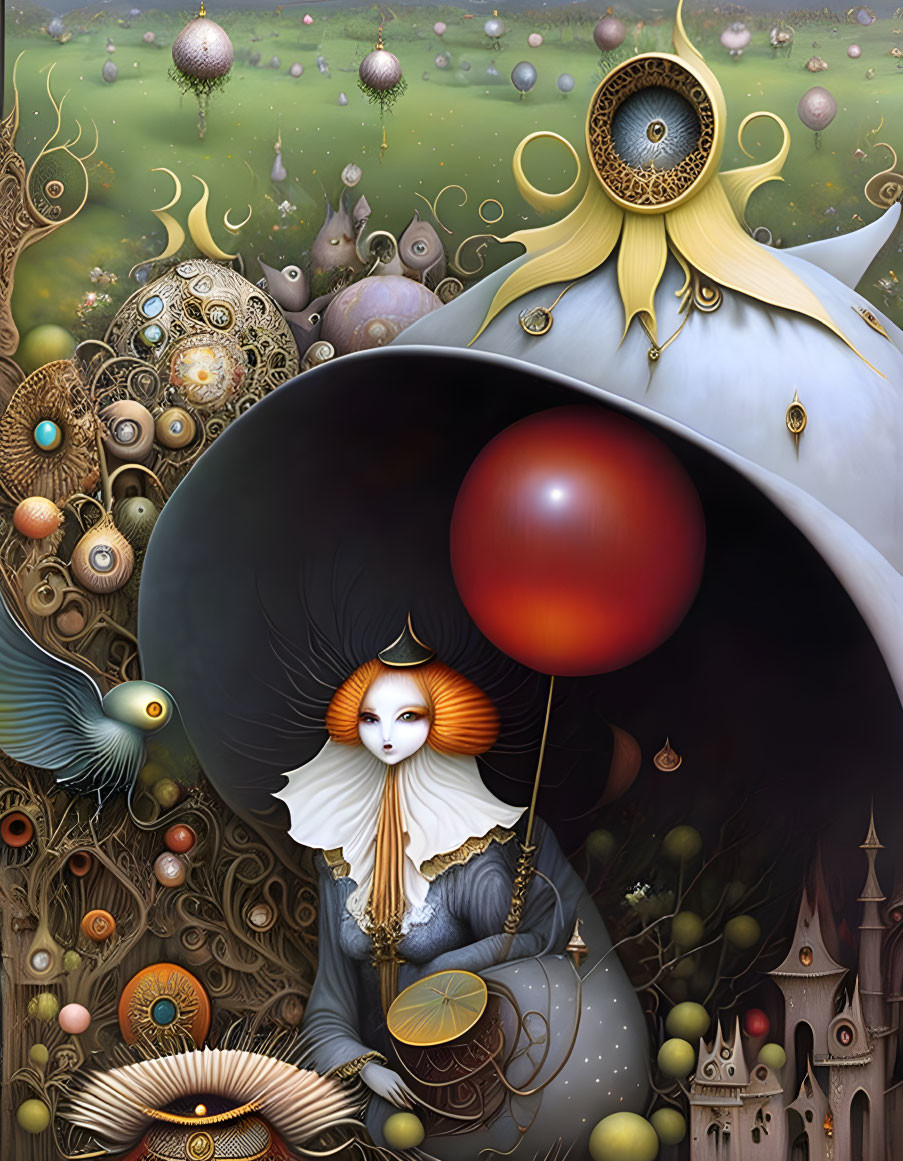 Whimsical artwork of fox-like character with red balloon in fantasy landscape