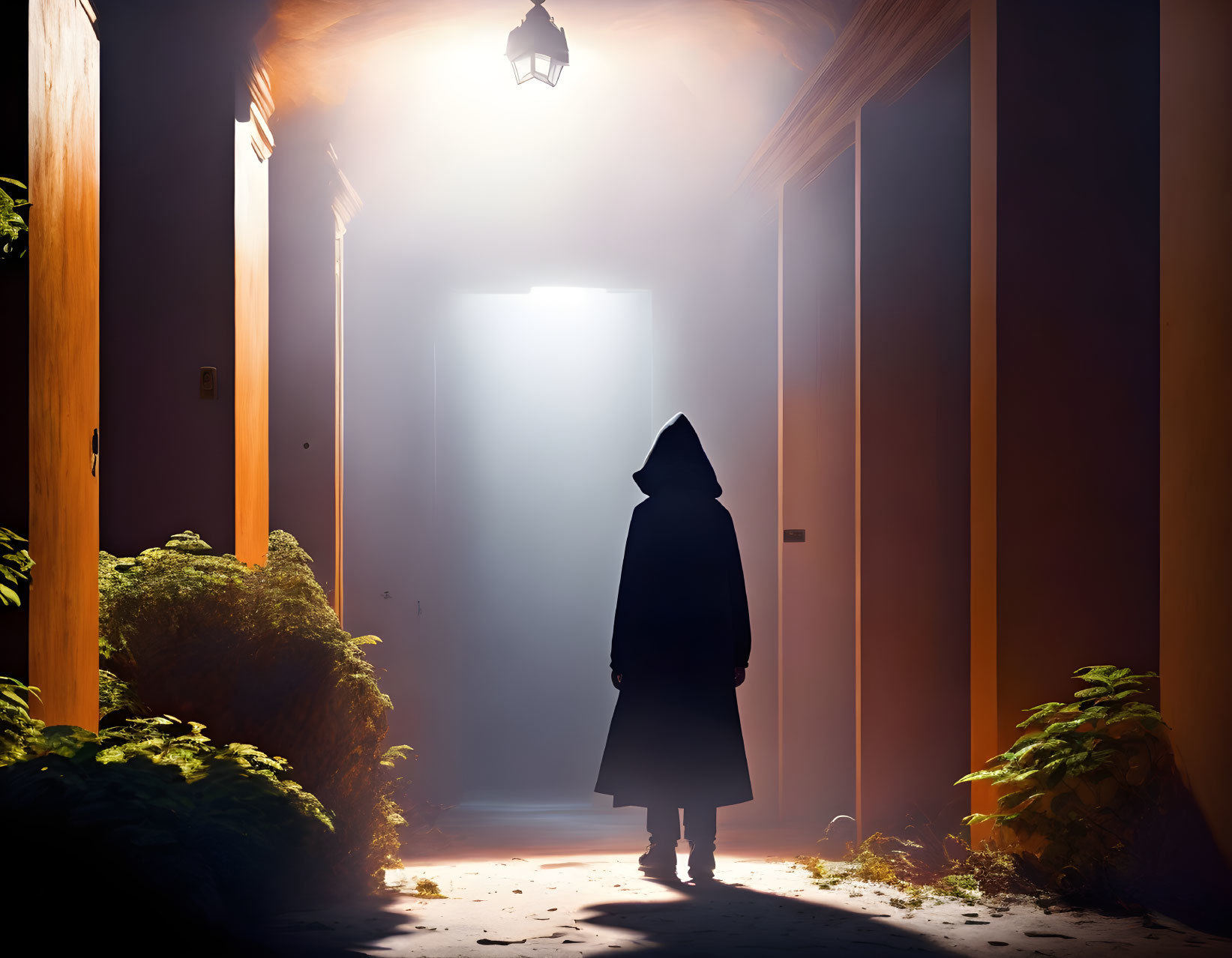 Cloaked figure in misty corridor with bright light ahead.