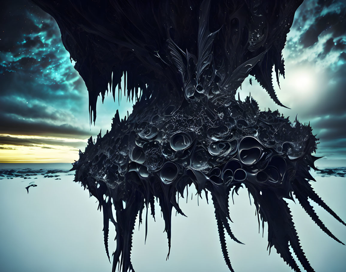 Elongated tendrils and surreal eye-like patterns on dark otherworldly structure