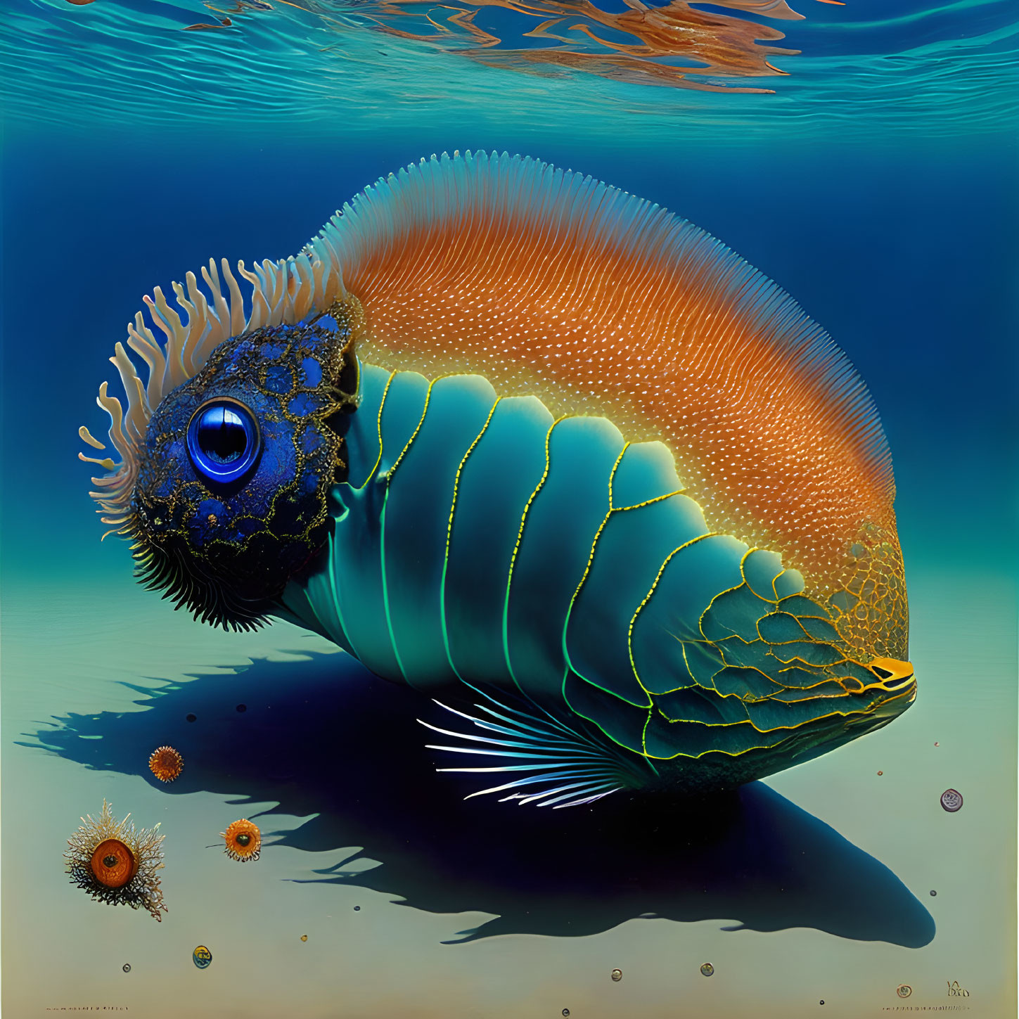 Surreal fish illustration with vibrant blue eye and ornate fins in underwater scenery