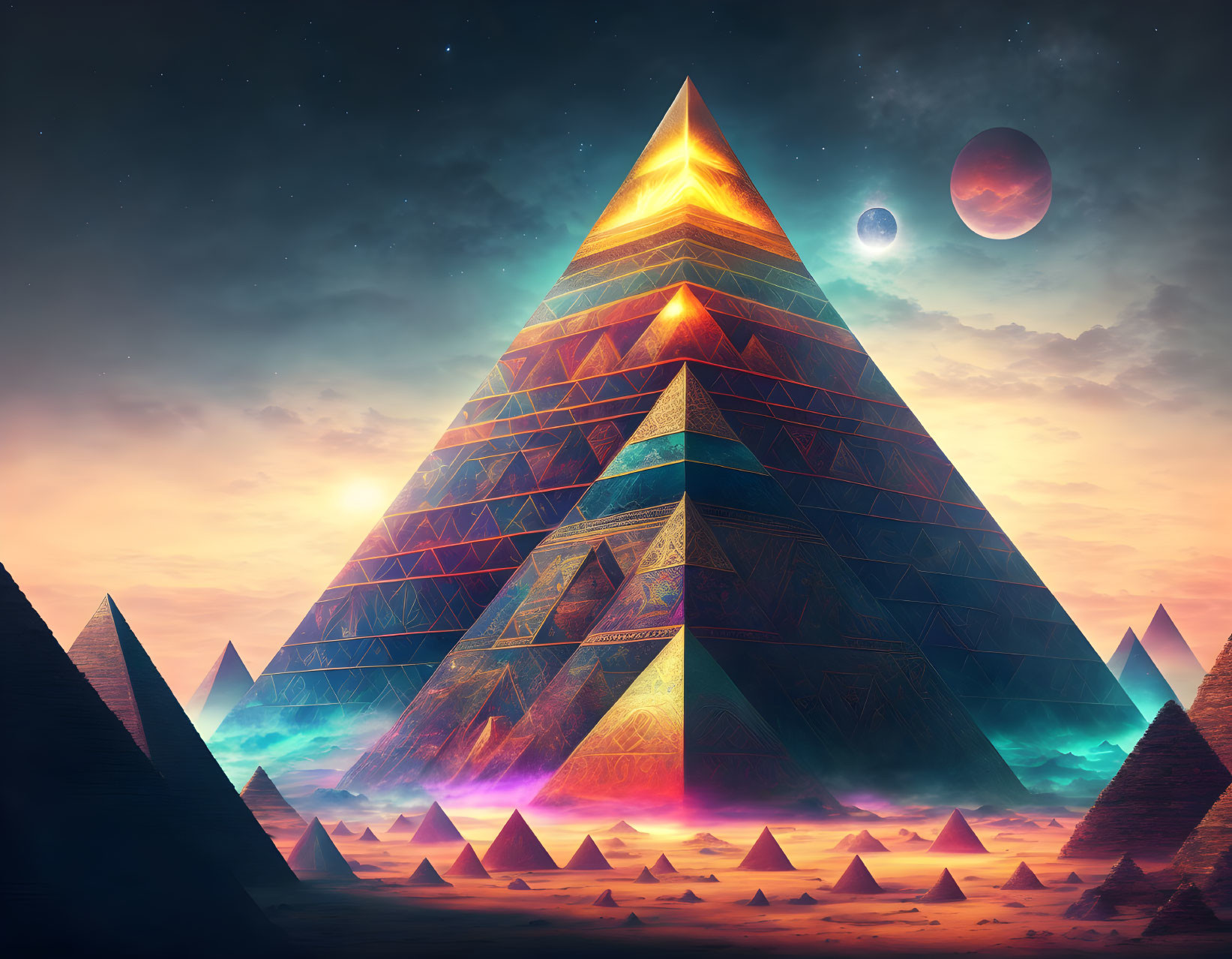 Futuristic glowing pyramids under cosmic sky with planets and stars