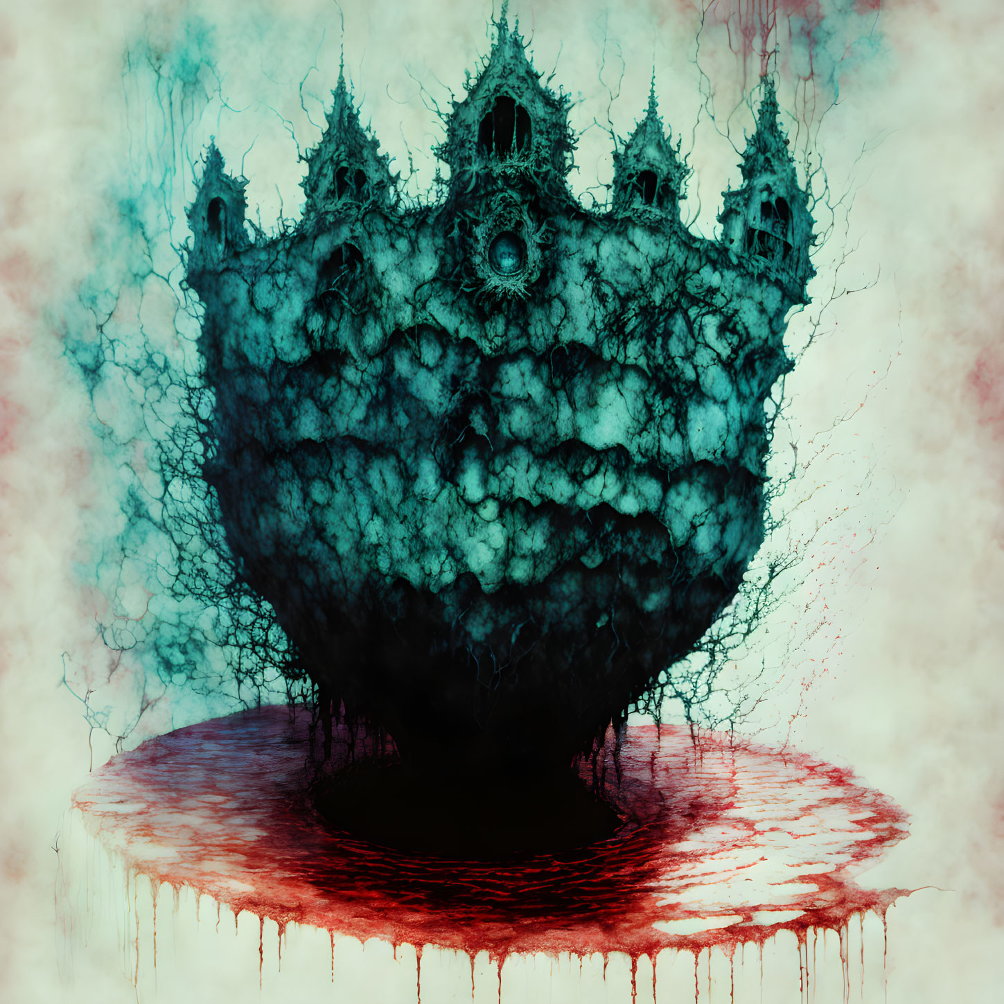 Heart-shaped island with gothic castle and tree roots on red and teal backdrop