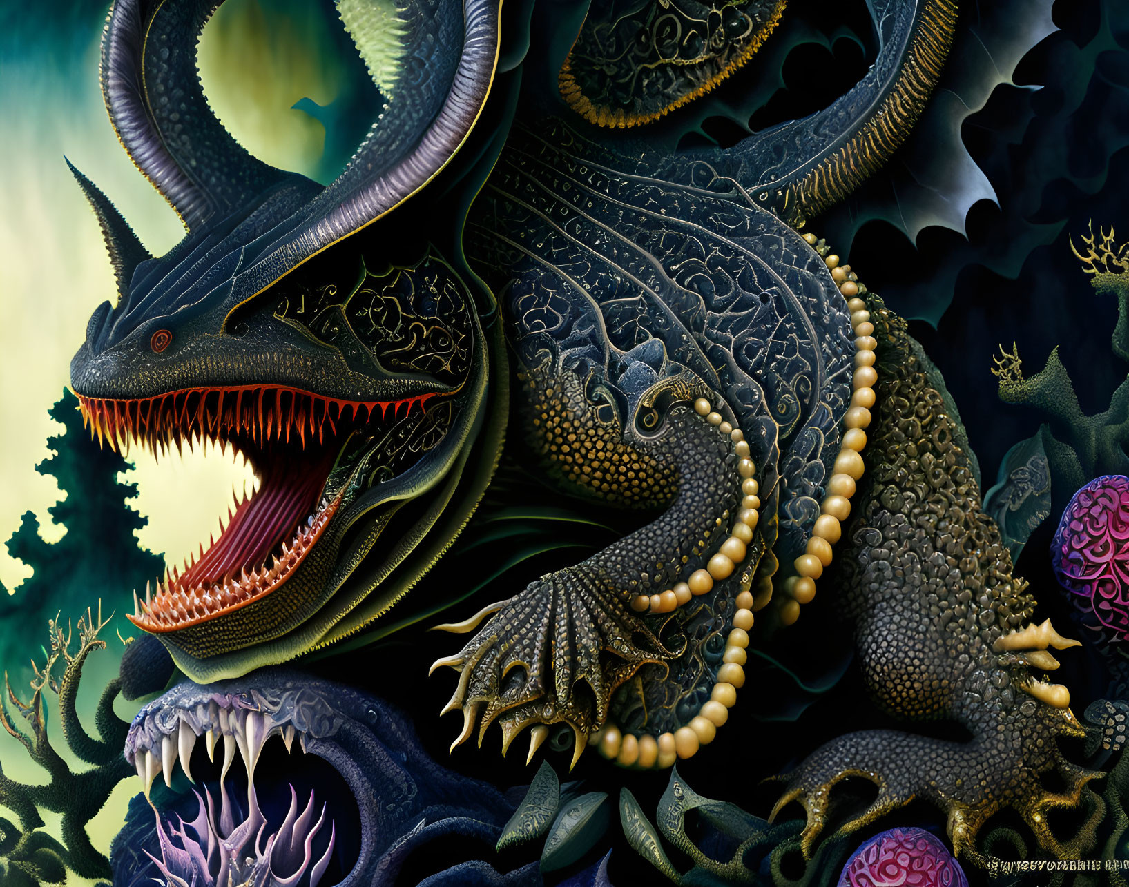 Detailed mythical dragon illustration with sharp teeth and textured scales in a fantastical setting.