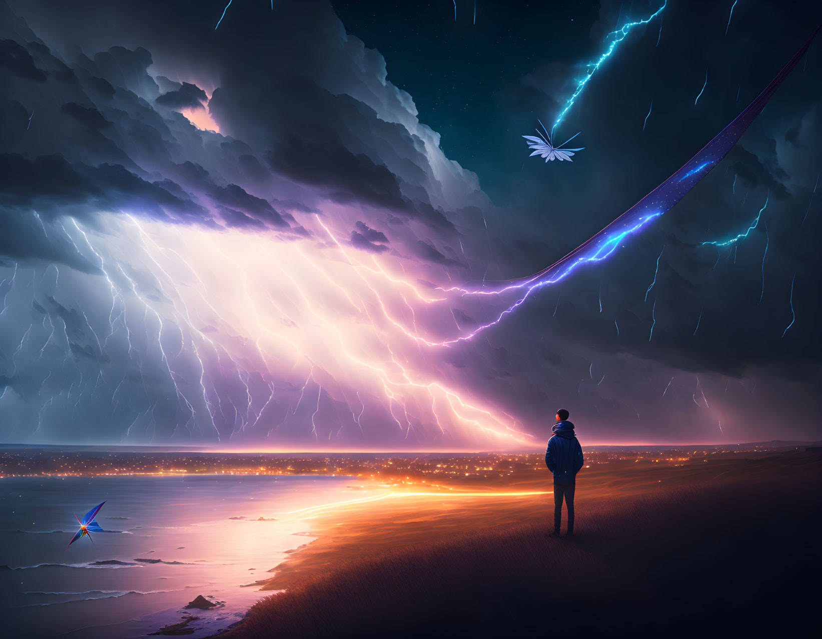 Person on grassy hill overlooking storm-lit beach with lightning.