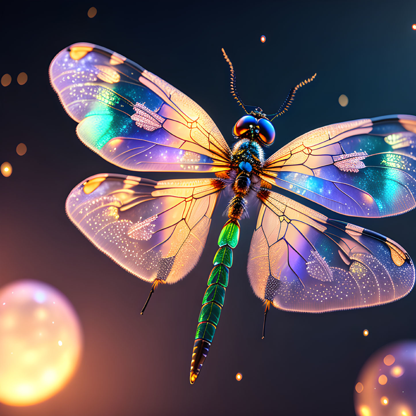 Colorful Dragonfly Digital Illustration with Translucent Wings on Bokeh Background