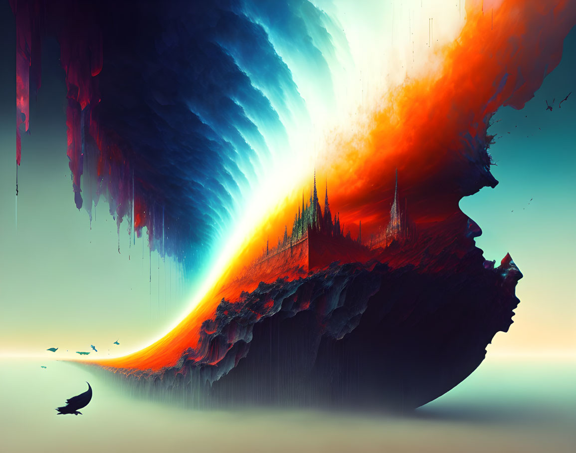 Fantasy landscape with floating island, castle, vibrant skies, and flying bird